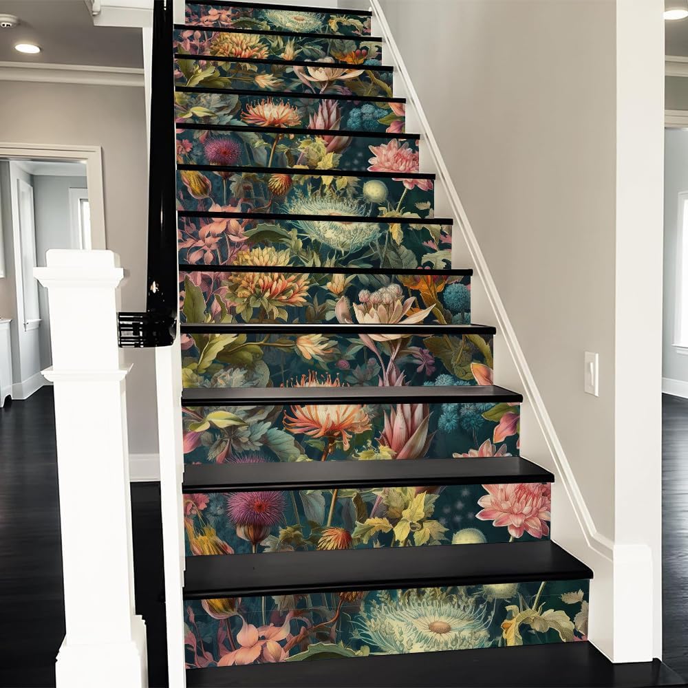 REDAMANCY Exotic Wildflower Boho Vintage Peel and Stick Vinyl Stair Riser Decals Staircase Tile Stair Stickers Abstract Art Modern Decoration Self-Adhesive Home Decor Stair Decals (14 Pcs)