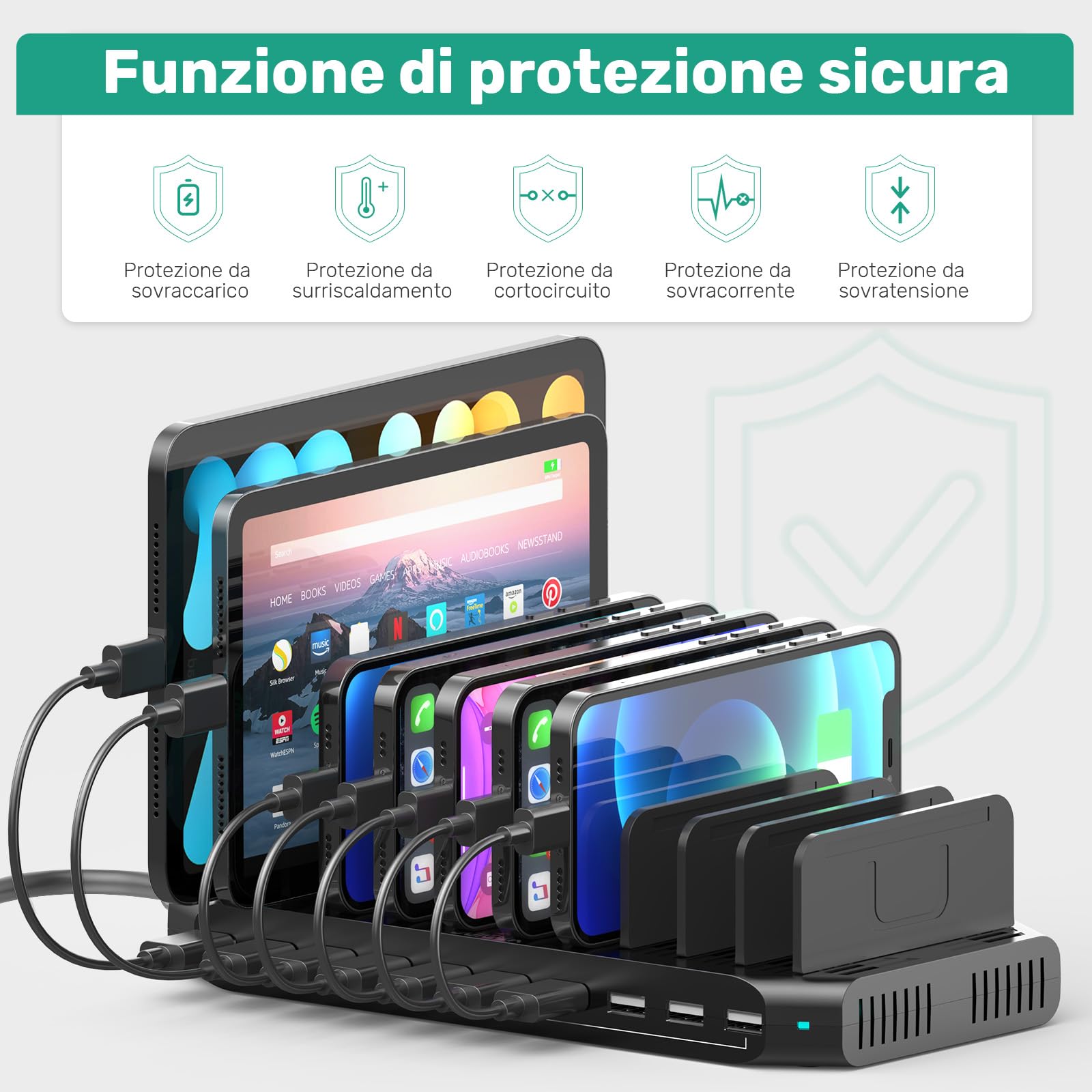 SUIDEK Stazione Di Ricarica Multipla A 10 Porte, Caricatore USB Da 60 W Per Più Dispositivi Con Divisori Regolabili, Compatibile Con Tablet, Smartphone