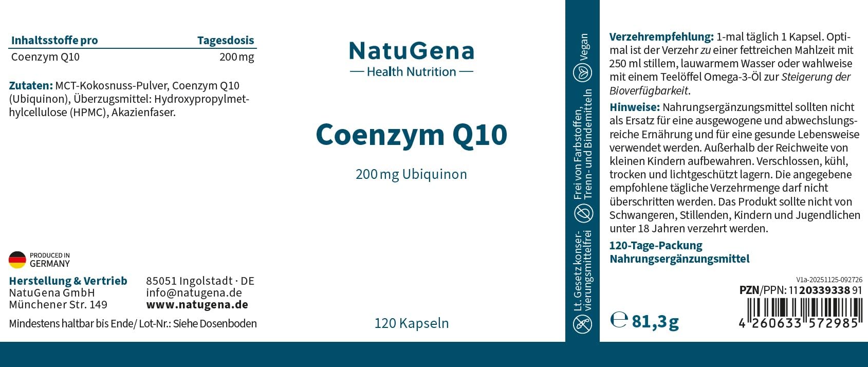 NatuGena Coenzym Q10 hochdosiert - 200 mg Coenzym Q10 pro Tagesdosis, Q10 in Form von stabilen Ubiquinon aus natrülicher Fermentierung, Laktose- und glutenfrei, vegan, 120 Kapseln (120 Tage-Packung)