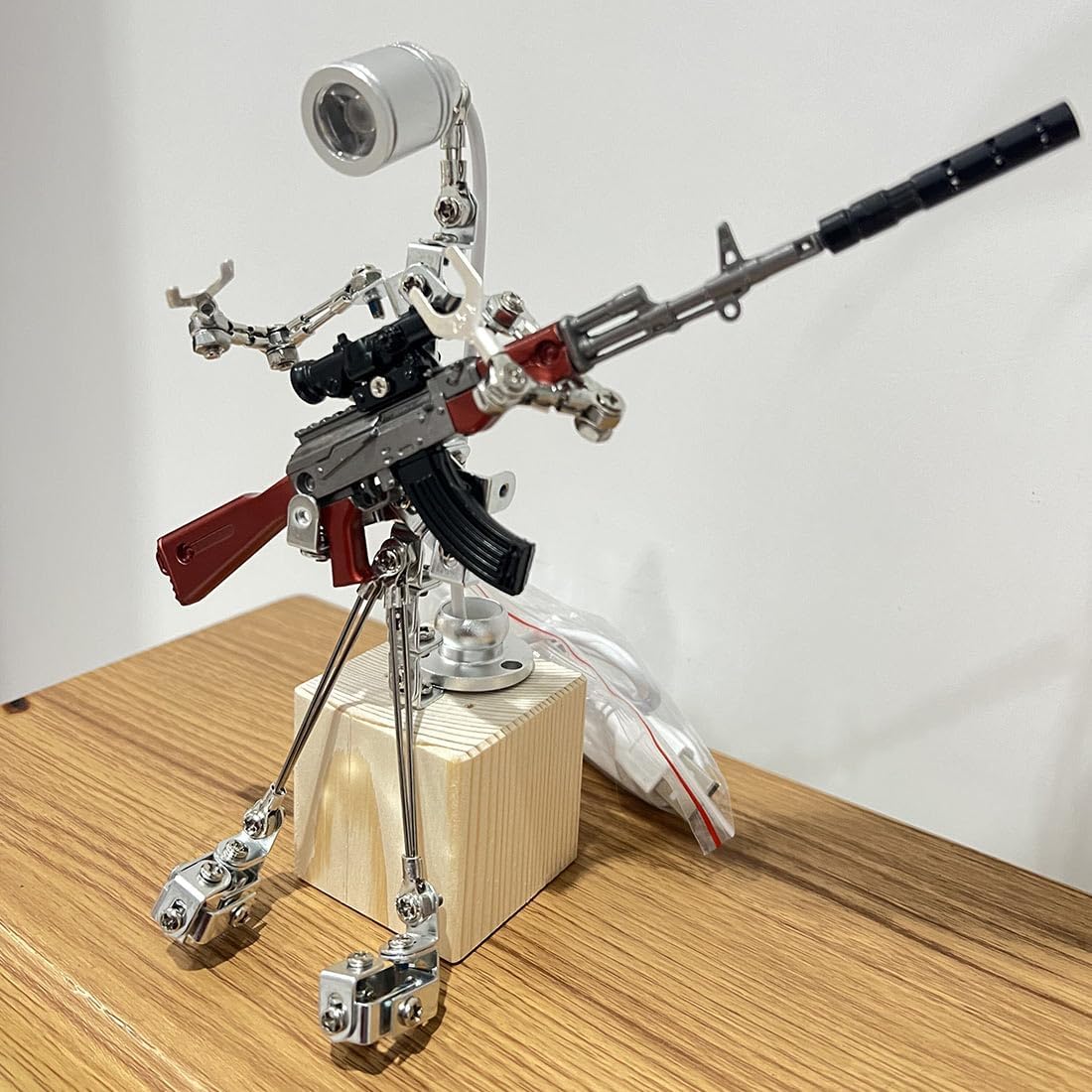 Steampunk Robot Metallic Silver Large Mechanical Lamp Model with Weapons, Home Decor Display for Adults and Teen