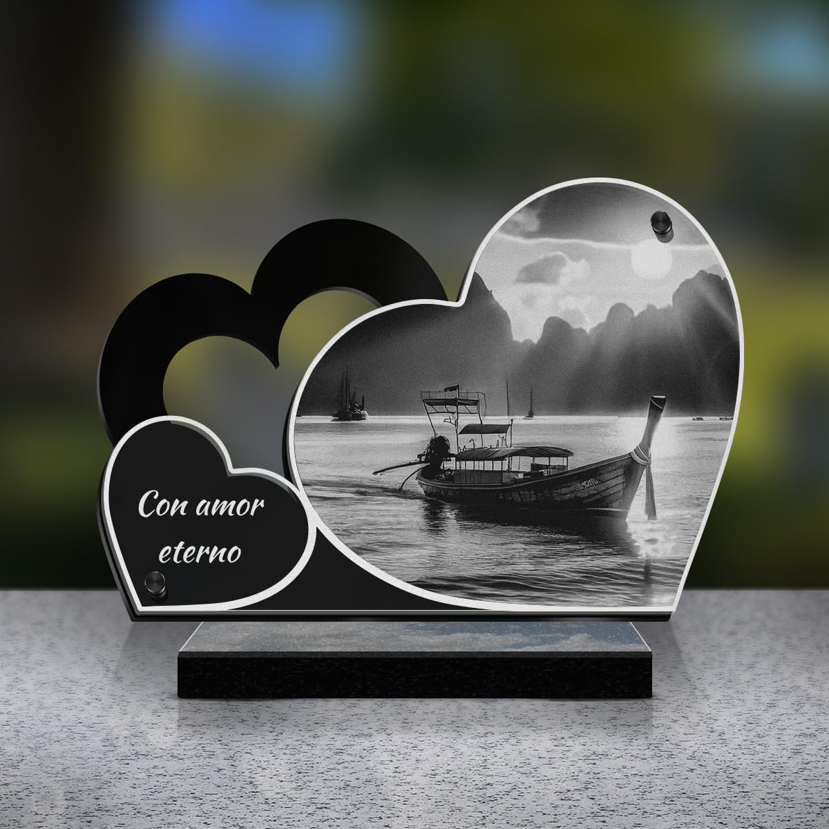 Eternel - Placa Funeraria Personalizada Doble Corazón - Barco, Mar, Marinero, Puerto - Texto Personalizable, Placa Funeraria Grabada Con Láser Para Homenaje, Placa Mortuoria, Tumba Ceremonia Funeraria