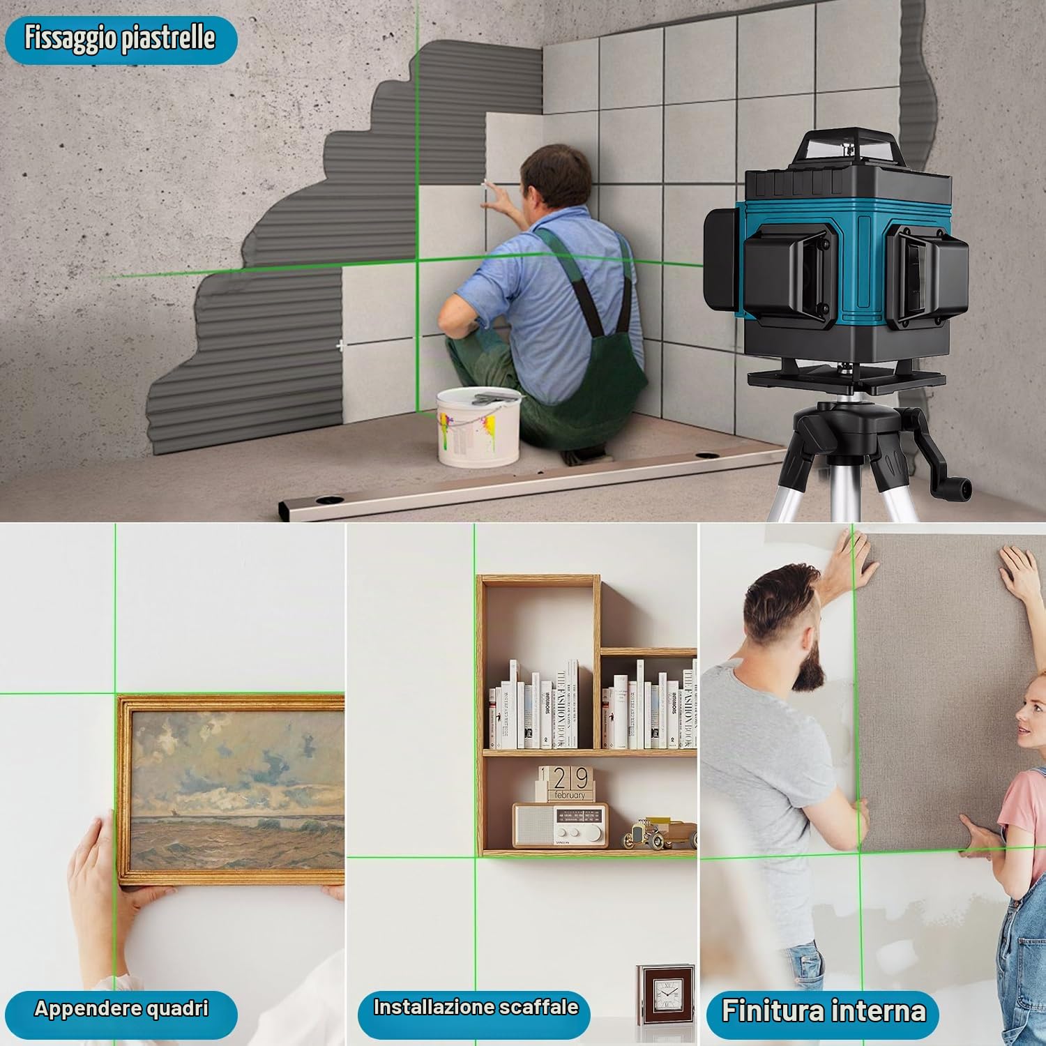VOBOR Livella Laser con Treppiede, 4D 16 Linee Verde Livello Laser Autolivellante 360 con 2 x 4800mah Batteries, Telecomado, per Lavori Costruzione e Decorazione D'interni