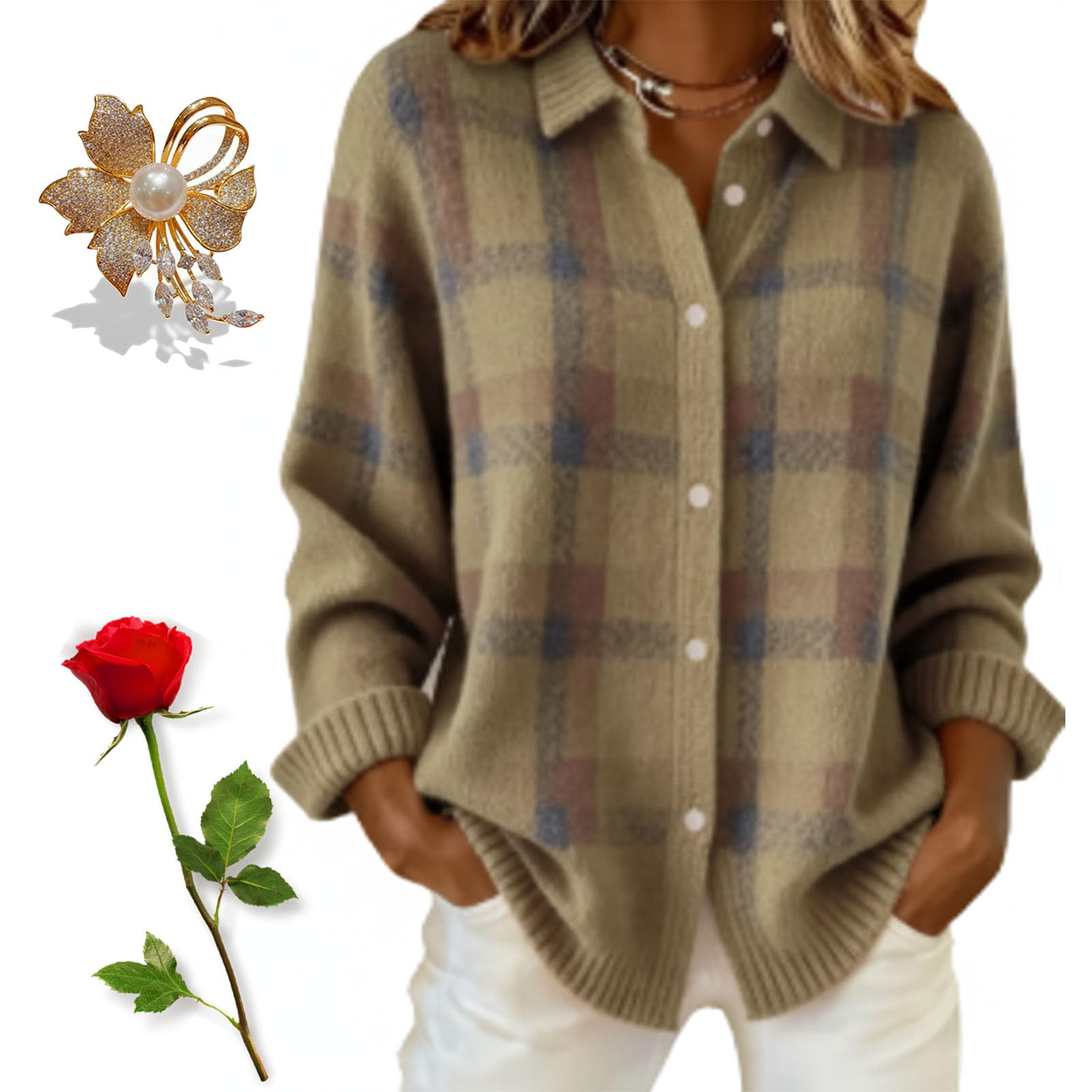 Womens Plaid Print Casual Cotton Buttoned Cardigan Sweater Long Sleeve Cozy Winter Plaid Cardigans for Women
