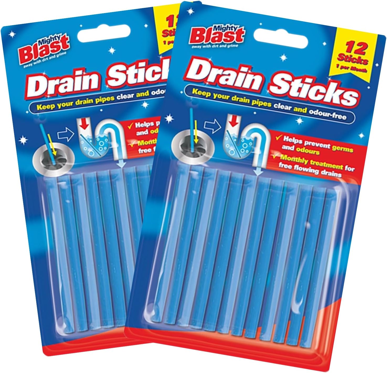Mighty Blast Drain Sticks pack of 2, 24 Sticks in total, Drain Cleaner