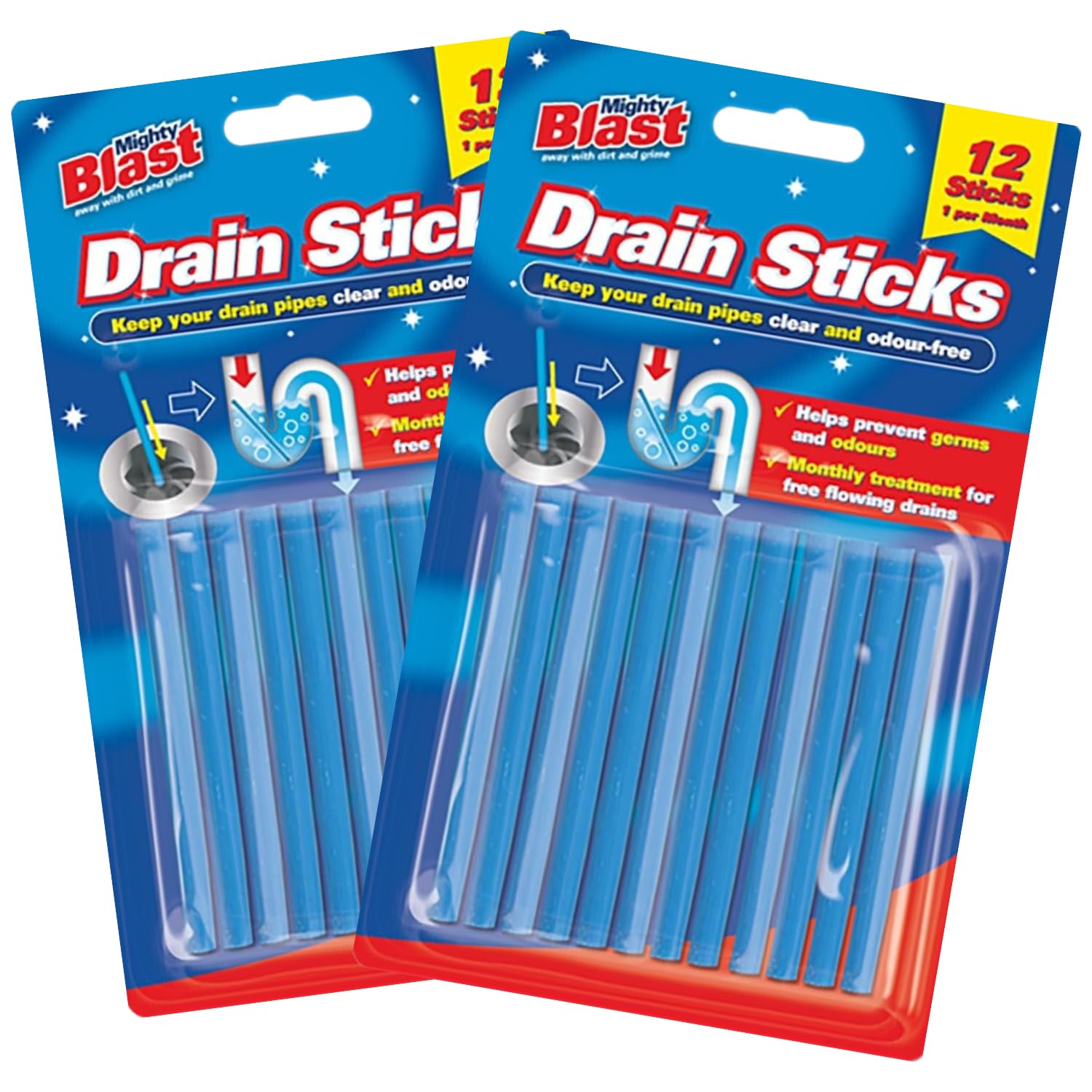 Mighty Blast Drain Sticks pack of 2, 24 Sticks in total, Drain Cleaner, Pipe Unblocker, Sink Unblocker, Perfect for Bathroom and Kitchens, Prevents Bad Odour, Hair Blockages