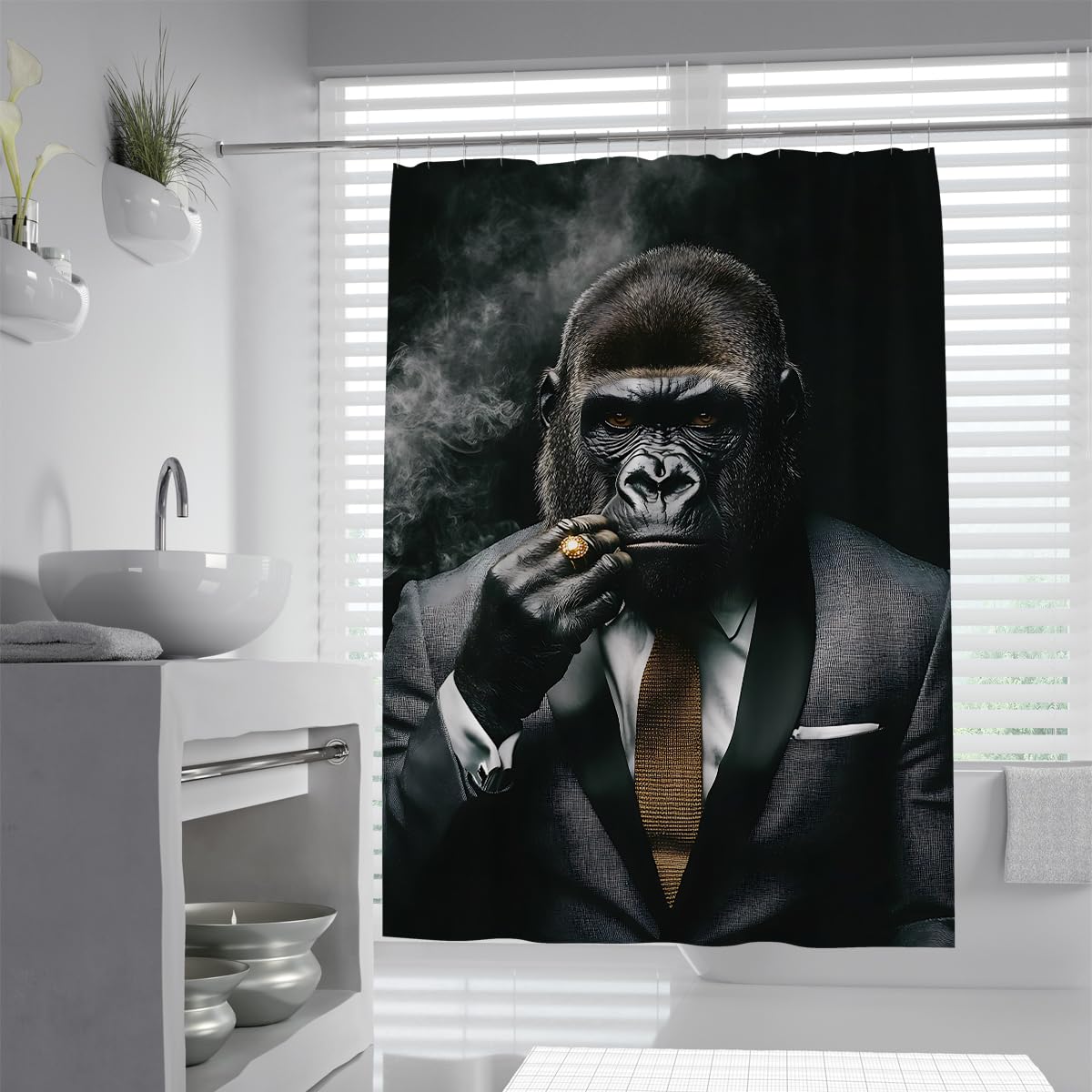 UIRINGART Gentleman Gorilla Shower Curtain W120xL180cm Waterproof Mildew Resistant Cool Ape Suit Tie Gold Ring Painting Fabric Bathroom Screen Rustproof Grommets Tub Liners