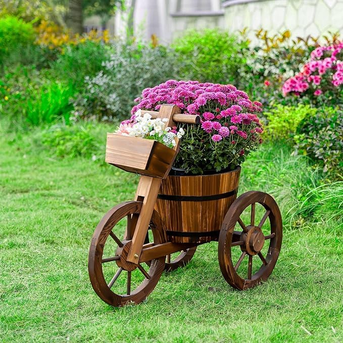 LINGWEI Cycle-Shaped Wooden Flower Cart Planter with 3 Wheels - Rustic Decorative Plant Pot for Garden, Patio, Lawn & Indoor Use - Large Wooden Flower Barrel Vase for Outdoor & Home Decor