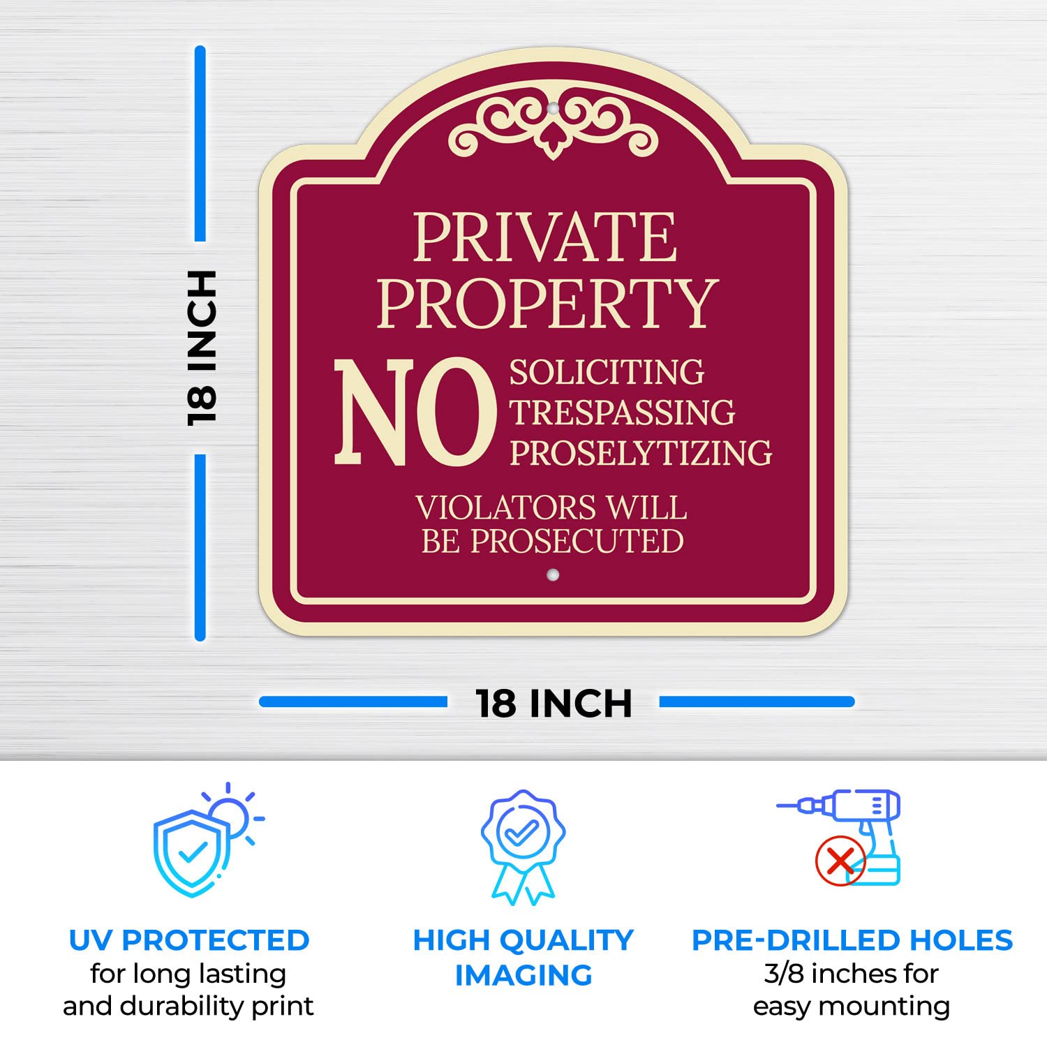 No Soliciting Trespassing Proselytizing Violators Will Be Prosecuted Décor Sign, Burgundy Dark, 18x18 Inches, ACM, Fade Resistant, Made in USA by Sigo Signs