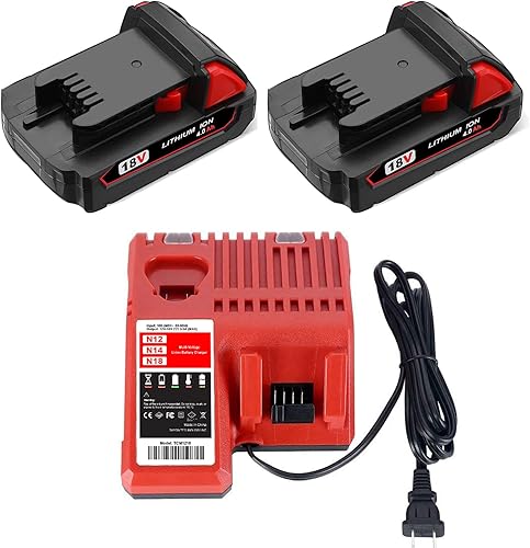 SKYON Paquete de 2 baterías y cargador de 18V 4Ah 72Wh 48-11-1820 compatible con Milwaukee 18V M-18 48-11-1820 2.0Ah 36Wh 48-11-1815 1.5Ah 27Wh 18V