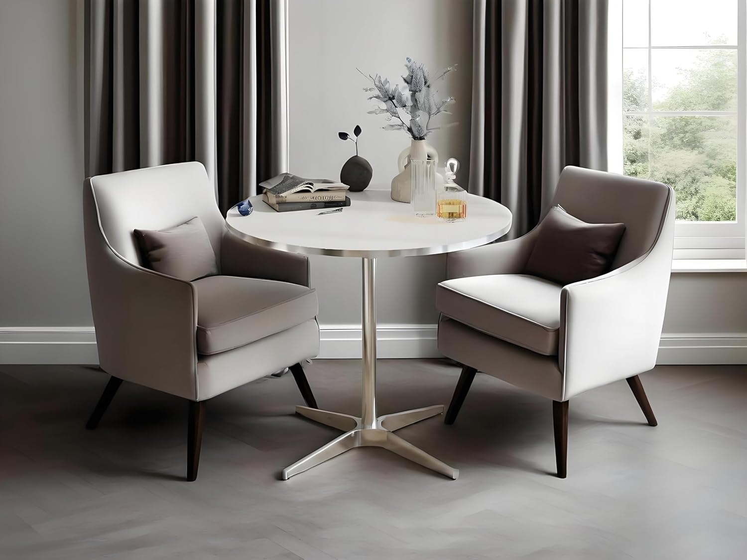 Modern Round Pedestal Dining Table, White Marble Top, Chrome Base