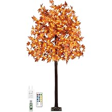 7FT 170 LED Lighted Maple Tree - Thanksgiving Decor Artificial Fall Tree with 17 Branches, 17 Acorns 340 Leaves, Remote 8 Flashing Modes, Timing, DC 5V Safe for Outdoor Wedding Party Autumn Decor