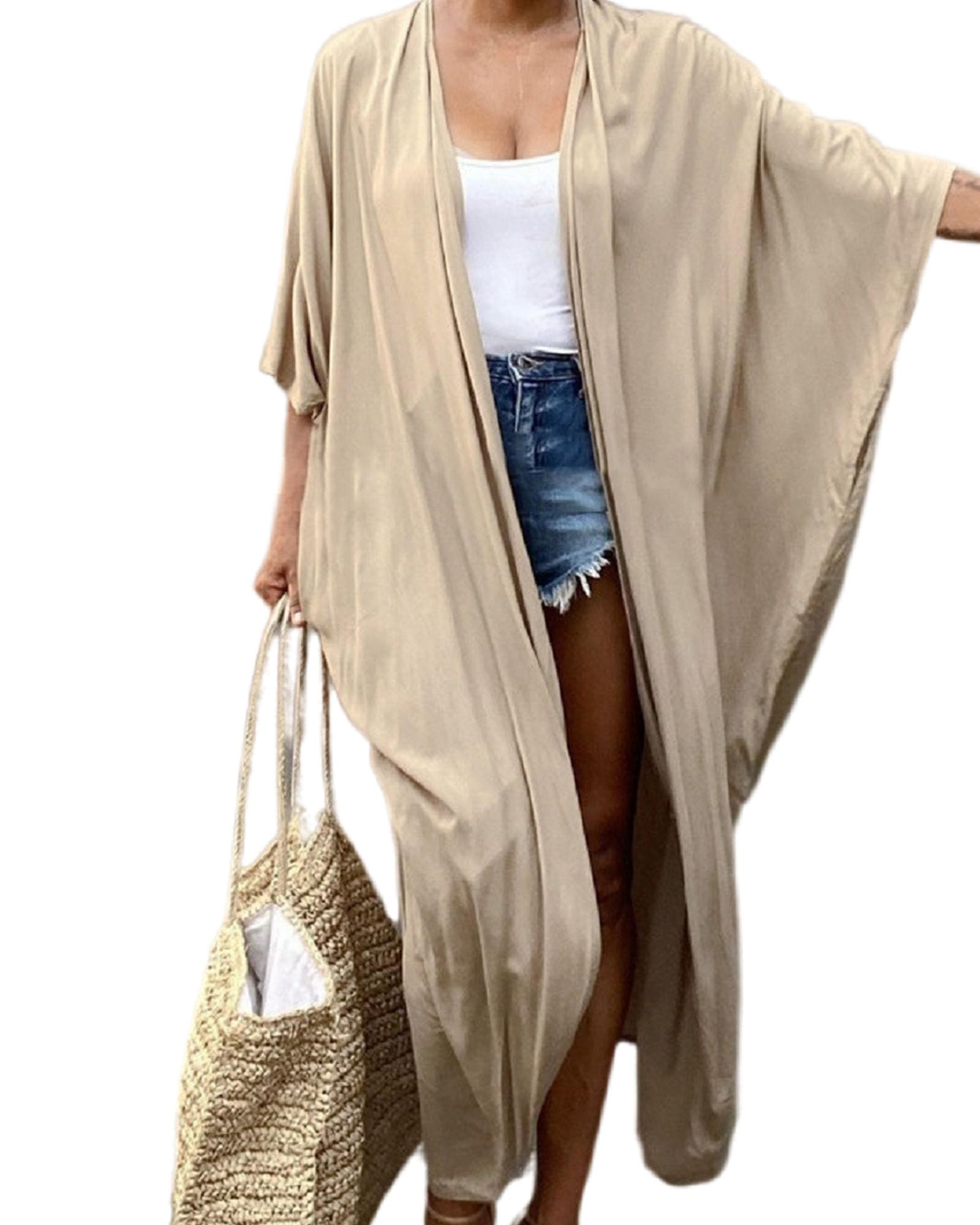Jarseila Cárdigan Mujer Kaftan de Playa Colores Sólidos Vestido de Bikini para Verano Elegante Largo Playa Casual Traje de baño Cubrir Algodón