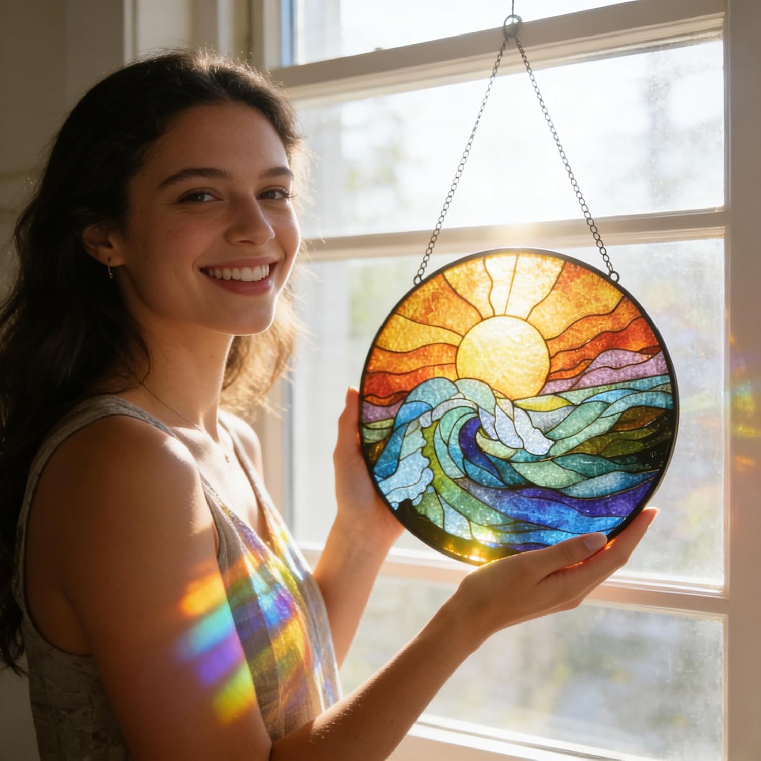 Sunrise Wave Stained Glass Window Hanging, Sunrise Ocean Suncatcher Window Hanging with Hook Chain, Wave Sunrise Over the Sun Catchers Indoor Window Glass Summer Wall Art Hanging Decorations, 7.88in