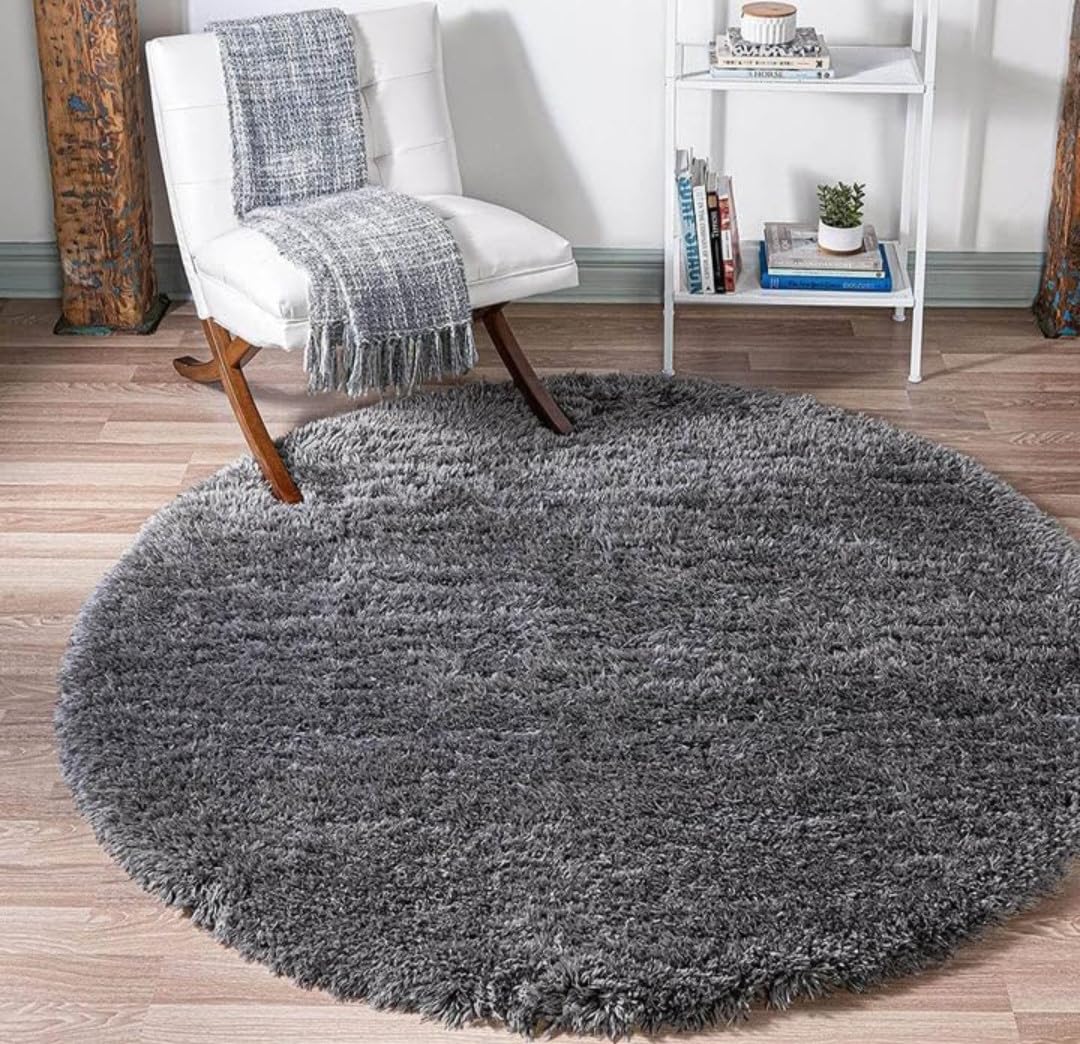 Kashmiri Shaggy Carpet for Living Room | Soft Fluffy Thick Bedside Runner Rug & Round Carpets for Bed Rooms,Hall,Kids Room,Dinning Room,Sofa Area(2x2 Feet Round Grey)-image-35