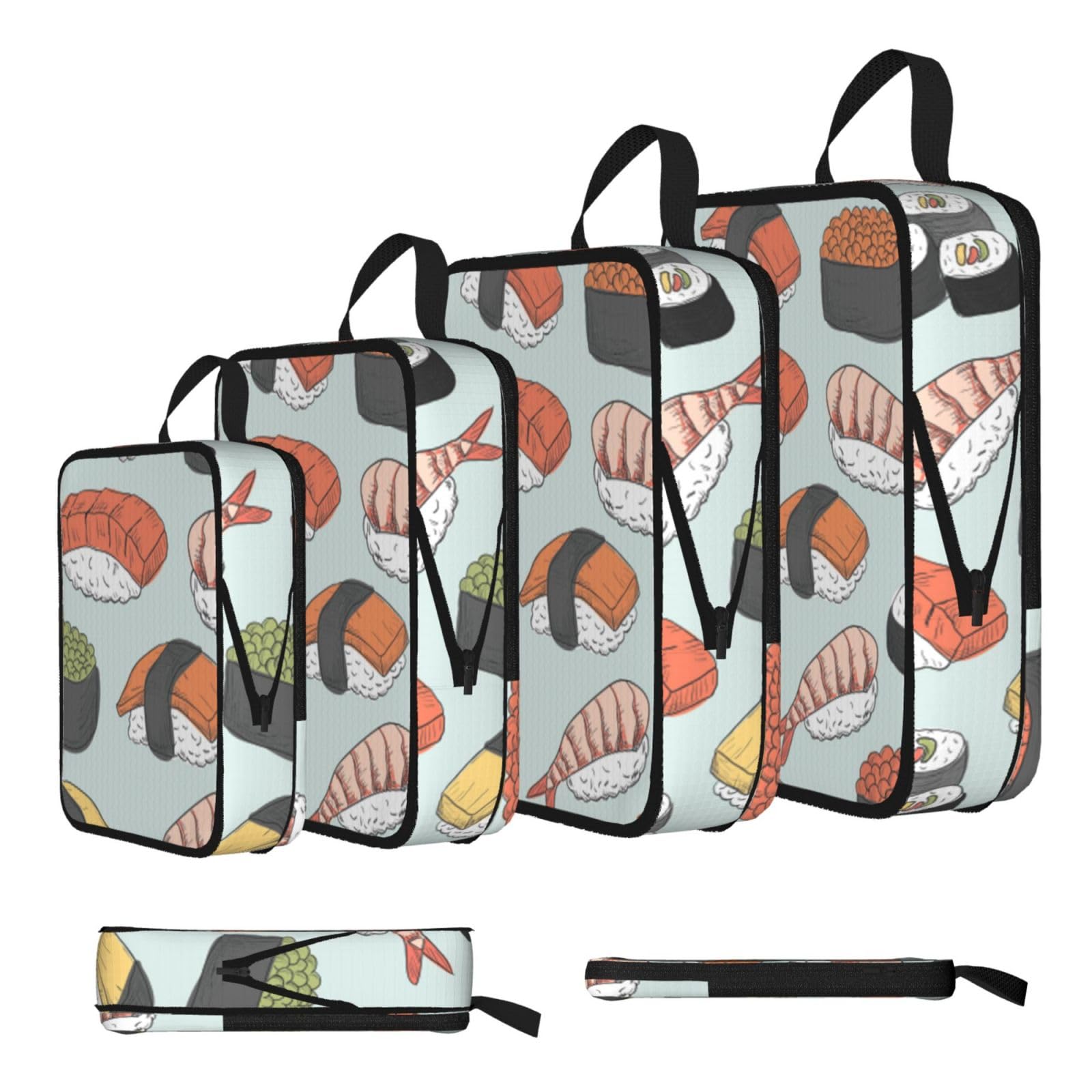 Sushi Print Compression Packing Cubes 4-Piece Set With Multi- Compartment Travel Bag, Waterproof Suitcase Organiser Bags