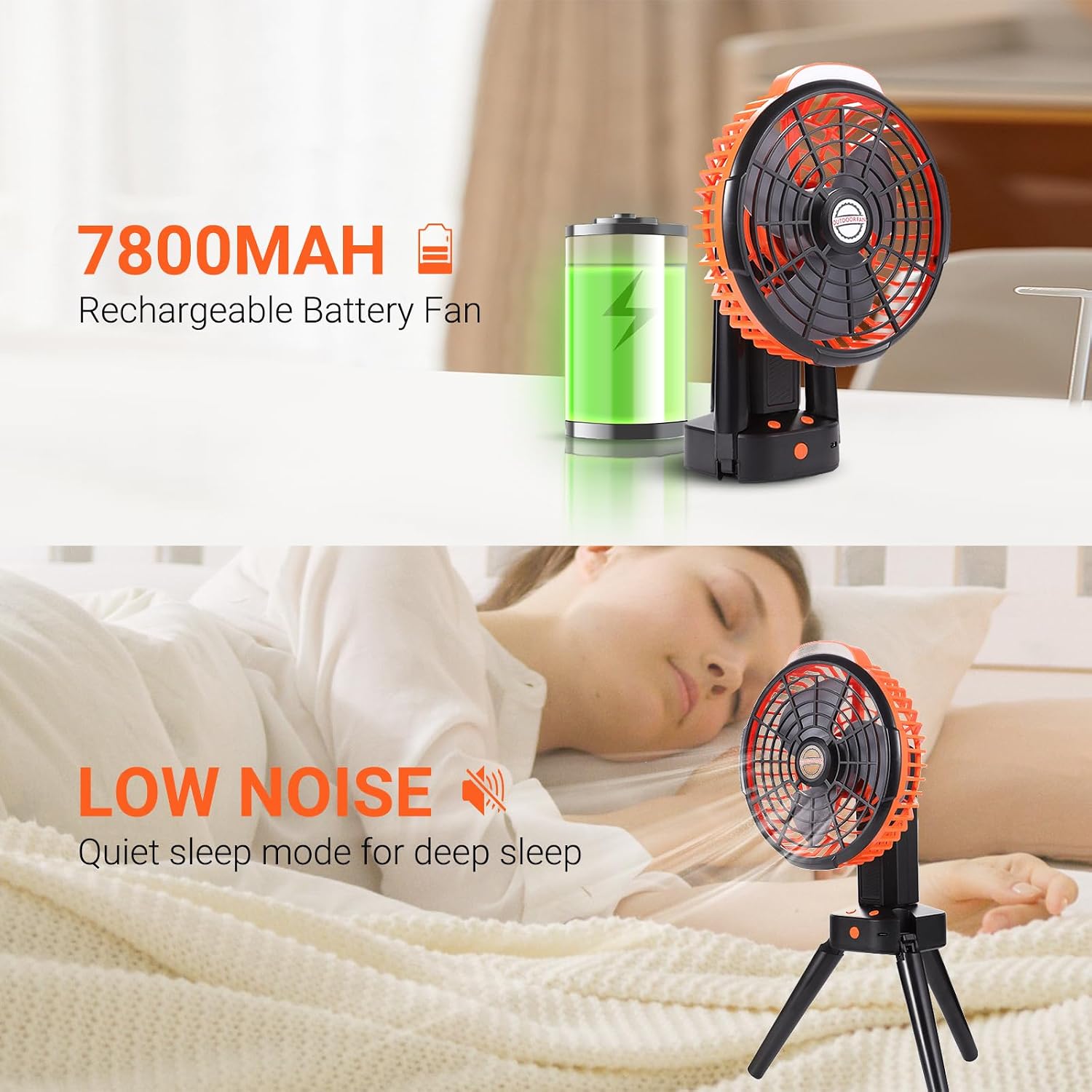 Himiway Tripod Camping Fan Rechargeable, Portable Battery Operated Fan with LED Lantern, 270°Head Rotation, Hangable Outdoor USB Silent Tent Fans with Hook for Travel Fishing Picnic Bedroom Office
