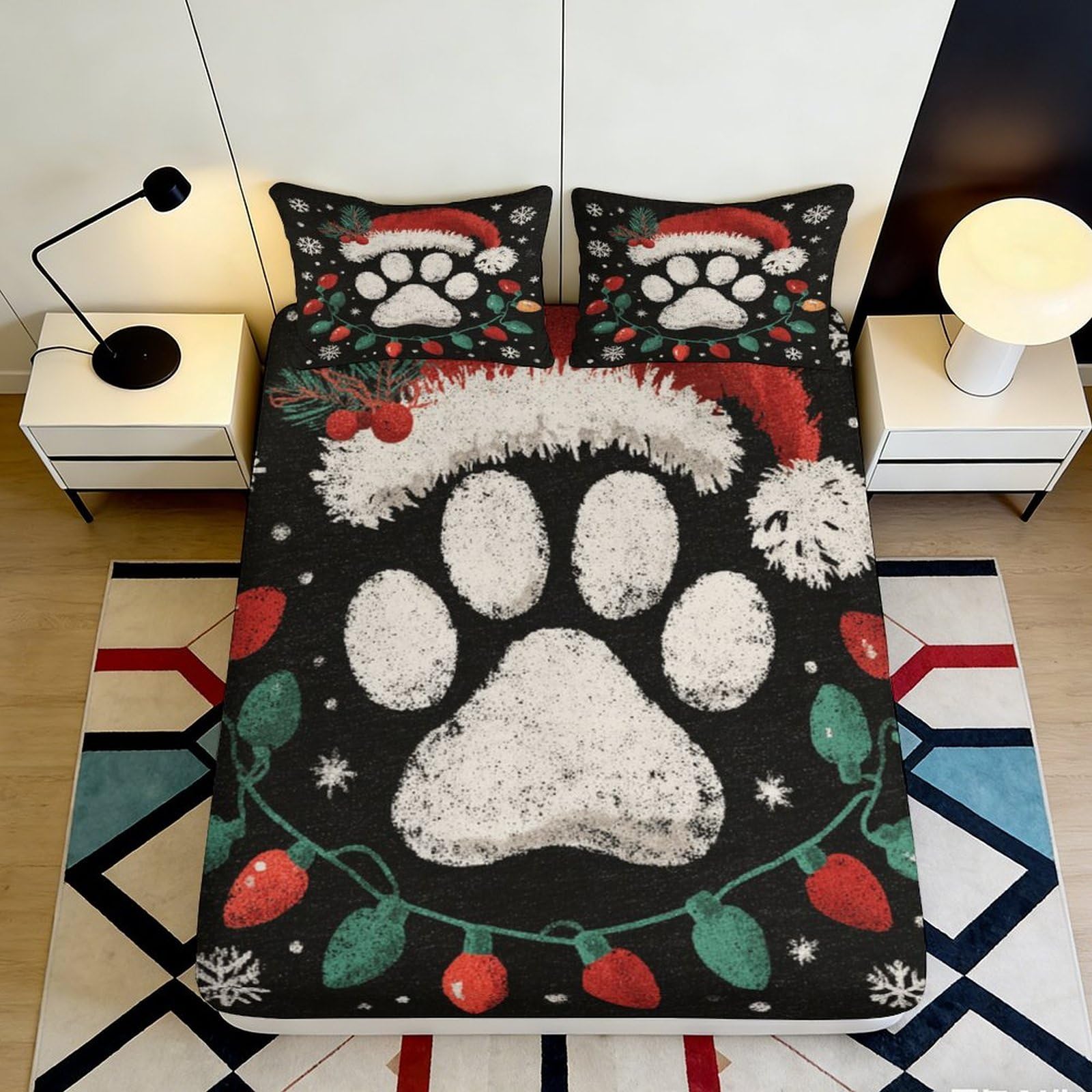 3D Printed Christmas Paw Fitted Sheet Microfiber Soft Washable Santa Hat Bed Cover for Bedroom Dorm Mattress Protection 200x200x25cm