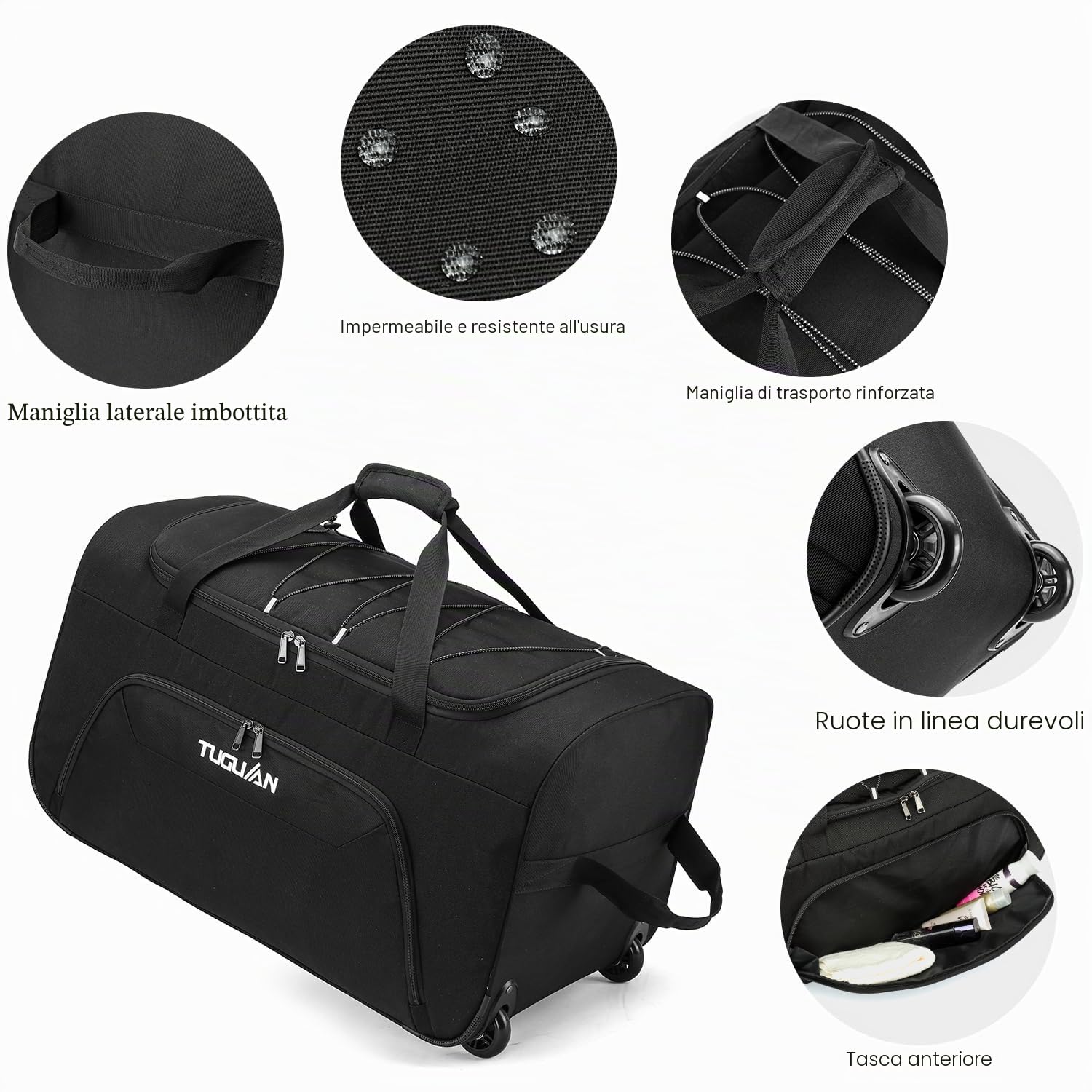 TUGUAN 110L Borsone da Viaggio Pieghevole con Ruote Grande XL Borsa Oxford con 2 Rotelle per Campeggio Traslochi Deposito Sport 28''/71 cm duffel bag, Nero