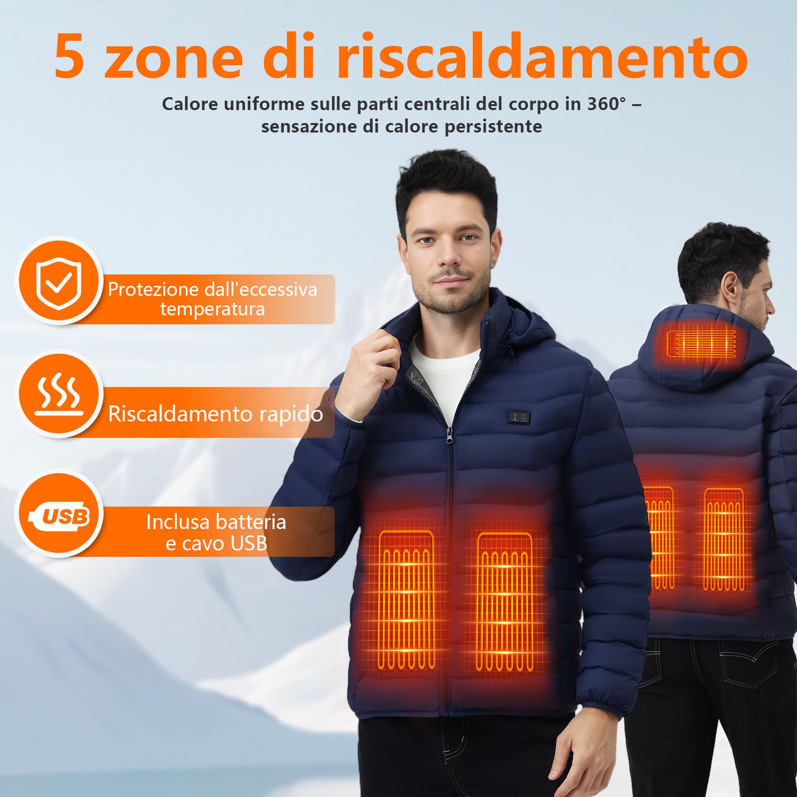 Giubbotto Riscaldato con Power Bank 10000mAh - Giacca Riscaldato con Cappuccio 5 Zone di Calore, 3 Livelli Doppi Controlle per Il Lavoro All'aperto Sci Trekking