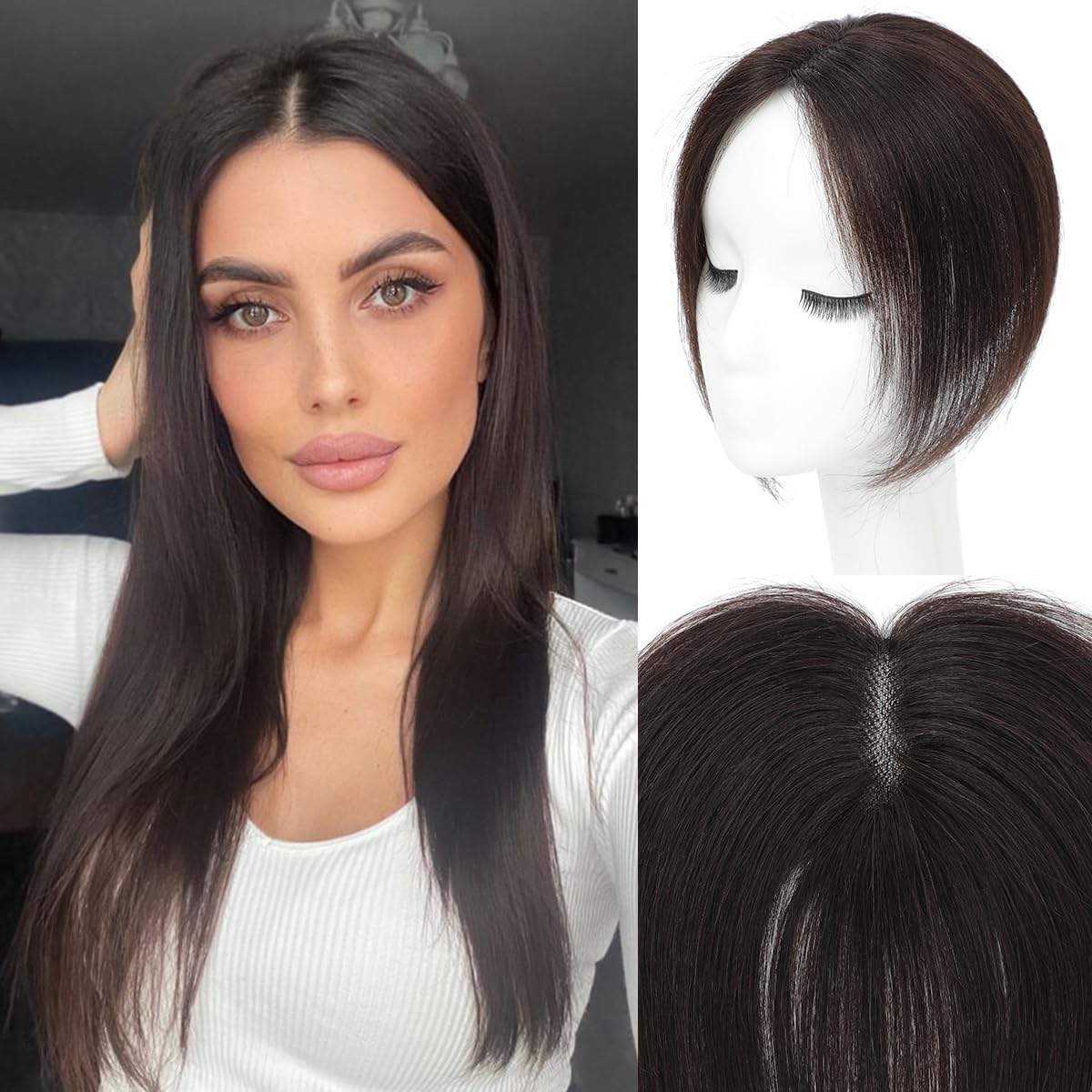 forfeels Hair Toppers 9.8″ Real Human Hair Clip In Bangs Dark Brown Color Toppers For Women With Thinning Hair Natural Looking Hairpiece For Solve Slightly Loss And Cover Gray