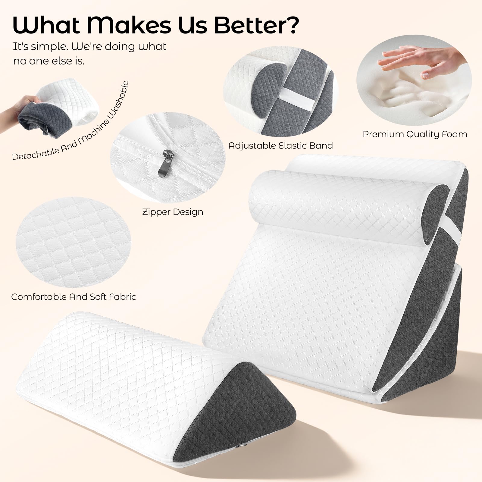 Set di 4 cuscini ortopedici a cuneo, 4 in 1, regolabili, in memory foam, cuscino triangolare regolabile per gambe in caso di apnea notturna e bruciore di stomaco, con rivestimento rimovibile e