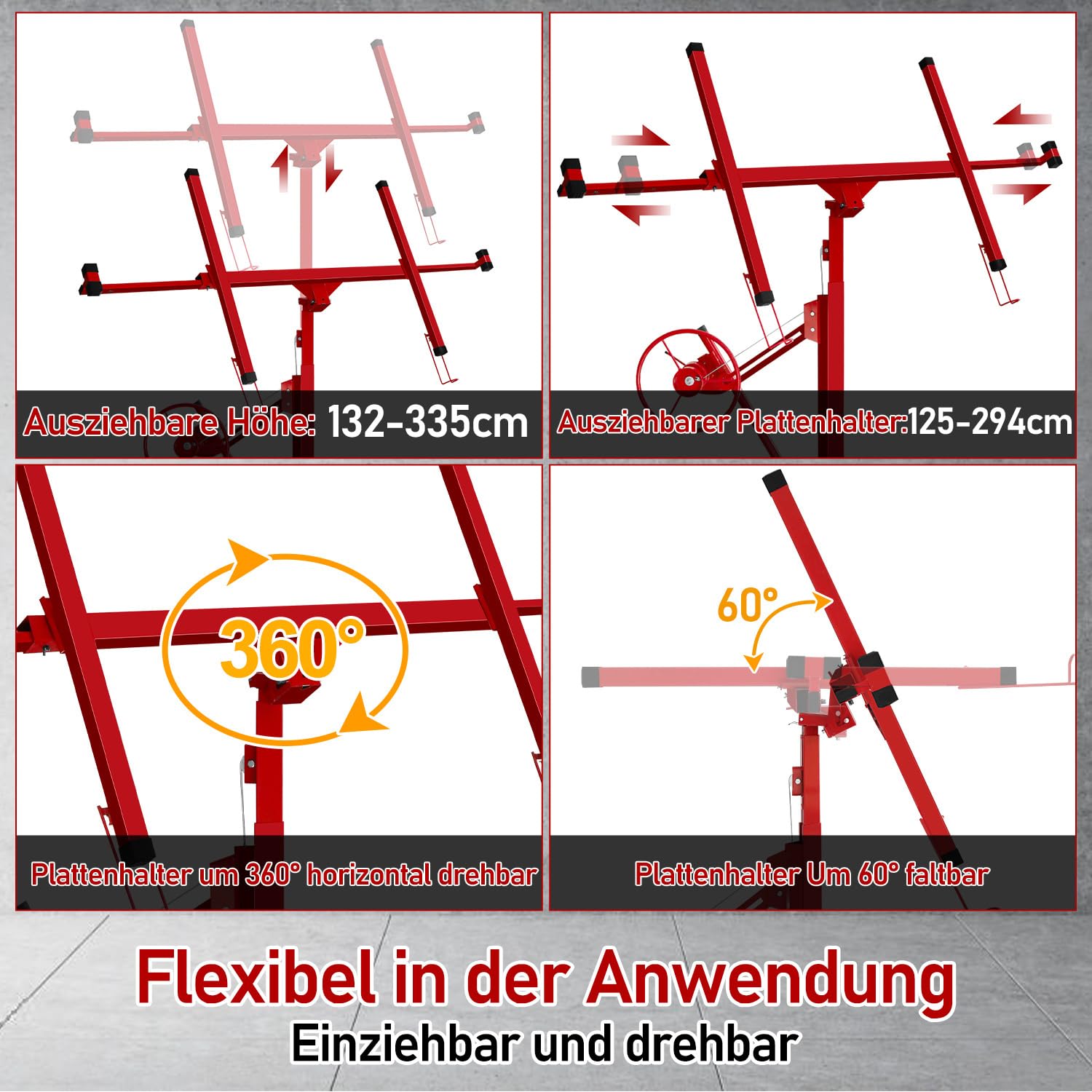Elevador de placas plegable XXL, 132 – 335 cm, altura de trabajo ajustable, 68 kg de carga, máx. 294 cm de ancho, elevador de placas profesional estable con ruedas para placas de yeso y