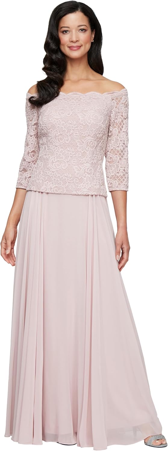 Alex Evenings Womens Long Stretch Lace Off The Shoulder Mock Mother of The Bride Dress (Petite and Regular Sizes)
