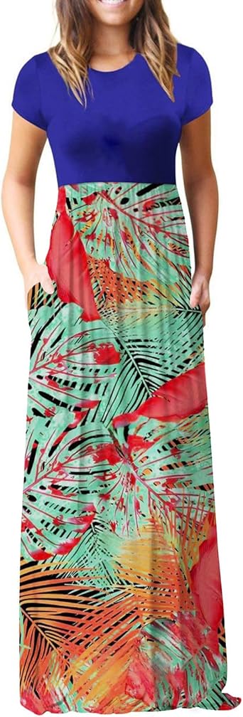 Maxi Dress for Women, Casual Summer Floral Print Short Sleeve, Loose Plain Comfy Long Dresses with Pockets