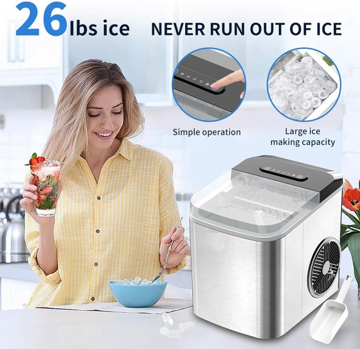 Ice Maker Machine for Home,Portable Small Clear Ice Cube Maker with LED Touch Display Panel,2 Bullet Ice Sizes,Ice Ready in 6 Mins,12kg/26lb in 24h,for Kitchen/Party/bar