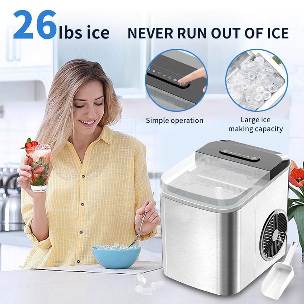 Ice Maker Machine for Home,Portable Small Clear Ice Cube Maker with LED Touch Display Panel,2 Bullet Ice Sizes,Ice Ready in 6 Mins,12kg/26lb in 24h,for Kitchen/Party/bar