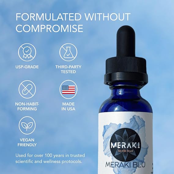 Meraki Blu USP Grade Methylene Blue Solution Third-Party Tested 1% Liquid Formula, High Purity Blue Formula, 30ml Glass Dropper Bottle