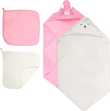 HBHLFZ 4-Pack Baby Bath Towels,Set of 2 Hooded Baby Bath Towels and 2 Baby Face Towels, Super Soft,Highly Absorbent,31.5x31.5inch,Suitable for Newborns,Toddlers and Children,UnisexKitten, Bear