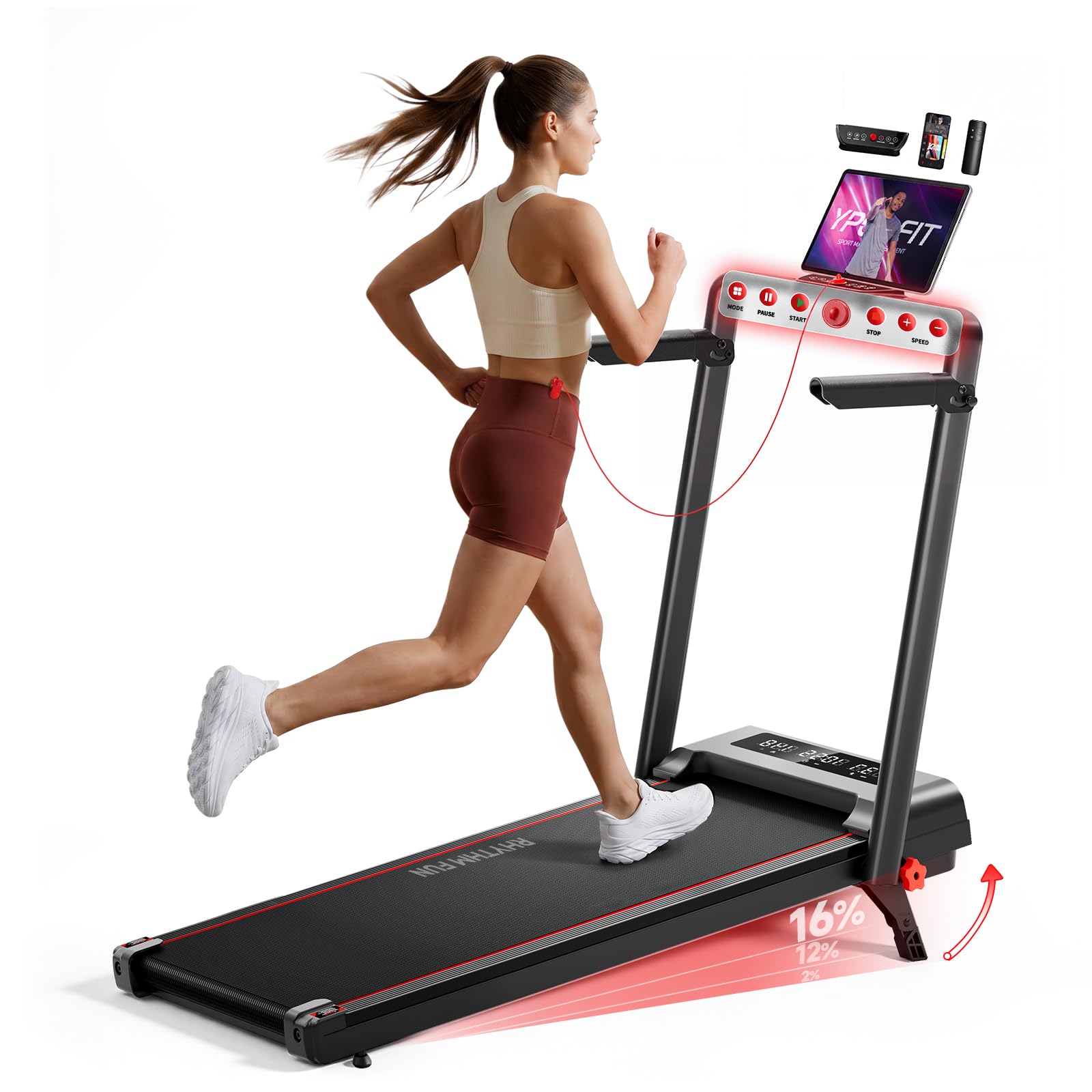 RHYTHM FUN Treadmill with Incline, Under Desk Walking Pad with Handle Bar