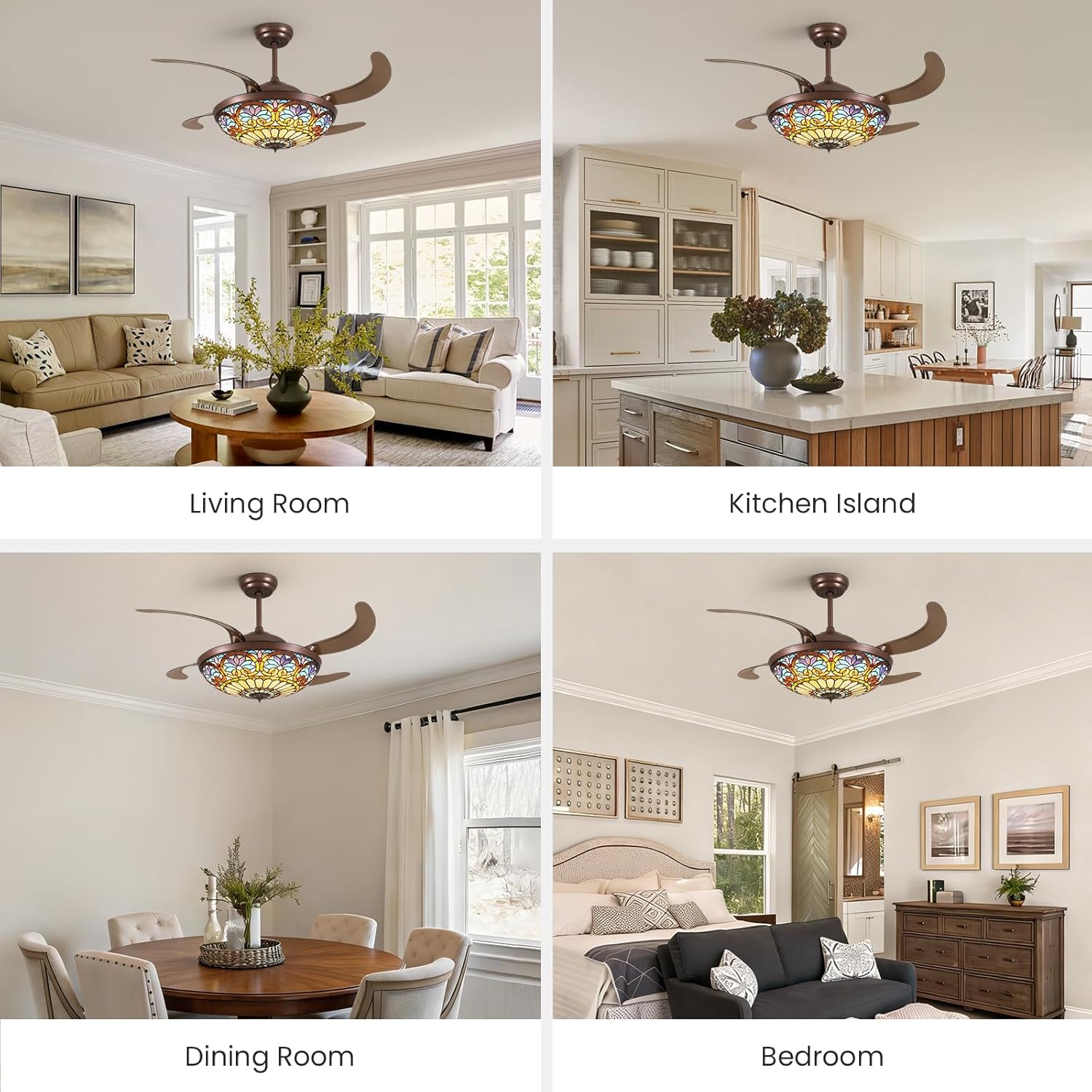 52inch Tiffany Ceiling Fan Chandelier with 4 Retractable Blades Large Fandelier Stainglass Light Dimmable Rversible Vintage Style Ceiling Fan for Living Room Bedroom Kitchen Dining Room