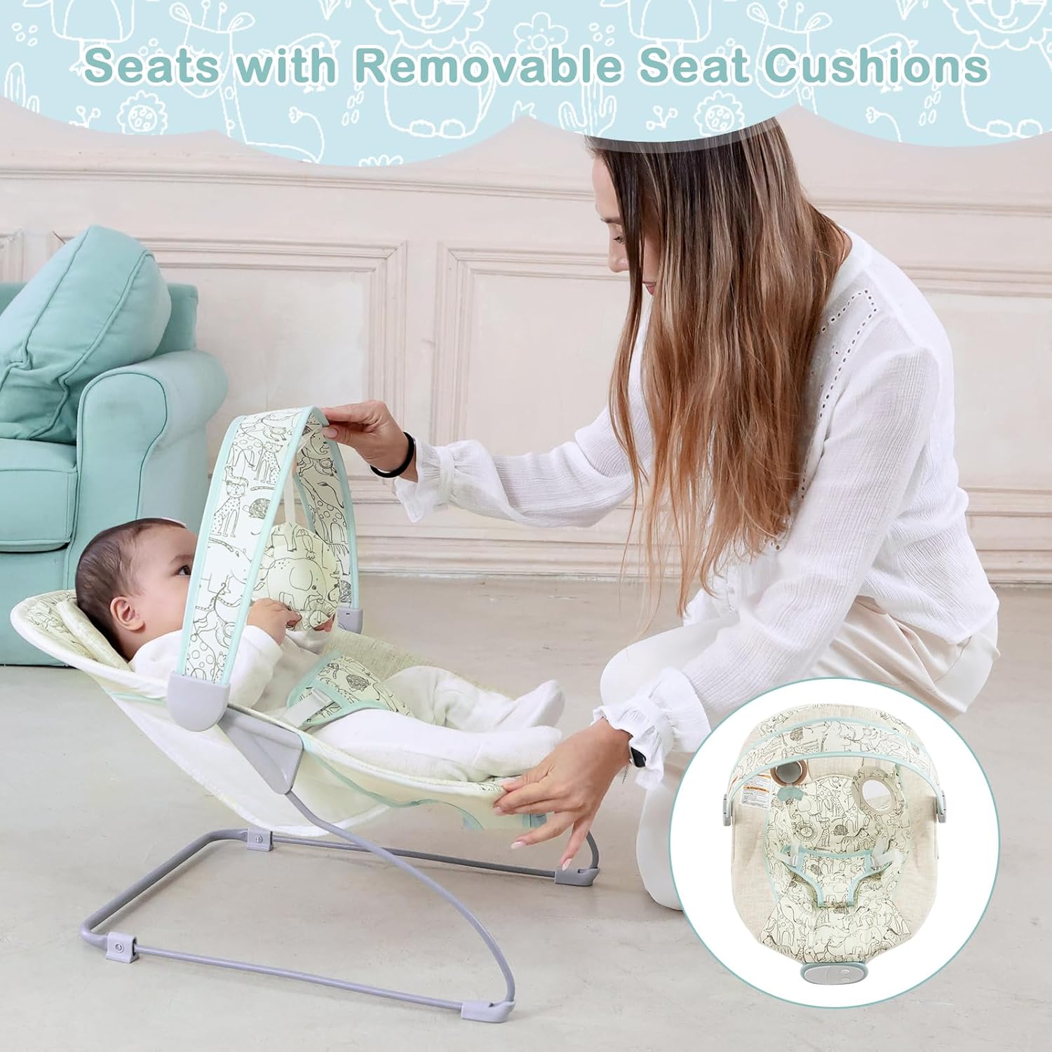 Baby Bouncer, Infants Bouncy Seat with Music and Vibrations,Portable Baby Rocker with Hanging Grasping Planet & Mirror for Newborns Indoor Outdoor Use 0-6 Months Up to 20 lbs