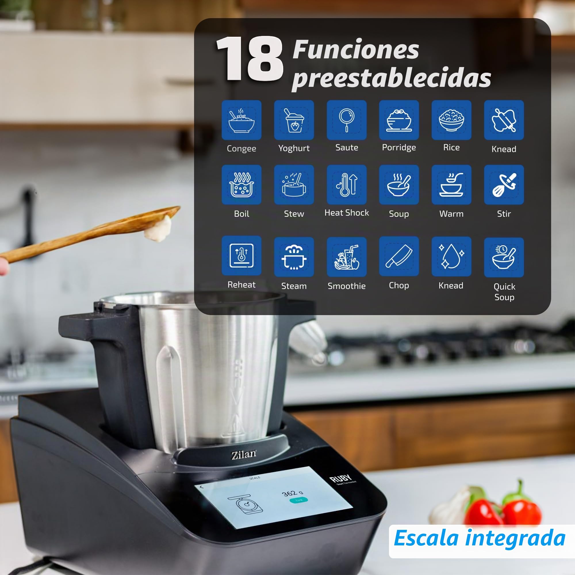 Zilan RUBY Thermorobot, Robot de Cocina Multifunción Wi-Fi, 18 Funciones, pantalla táctil TFT a color de 7", Báscula integradar, control mediante aplicación, 4,7 L,1700W