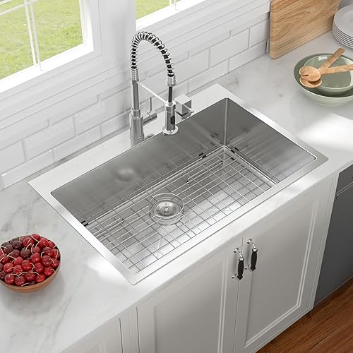 Fregadero de cocina de 33 x 22 pulgadas, montaje superior, acero inoxidable 304, calibre 16, esquinas redondas, grandes fregaderos de cocina de