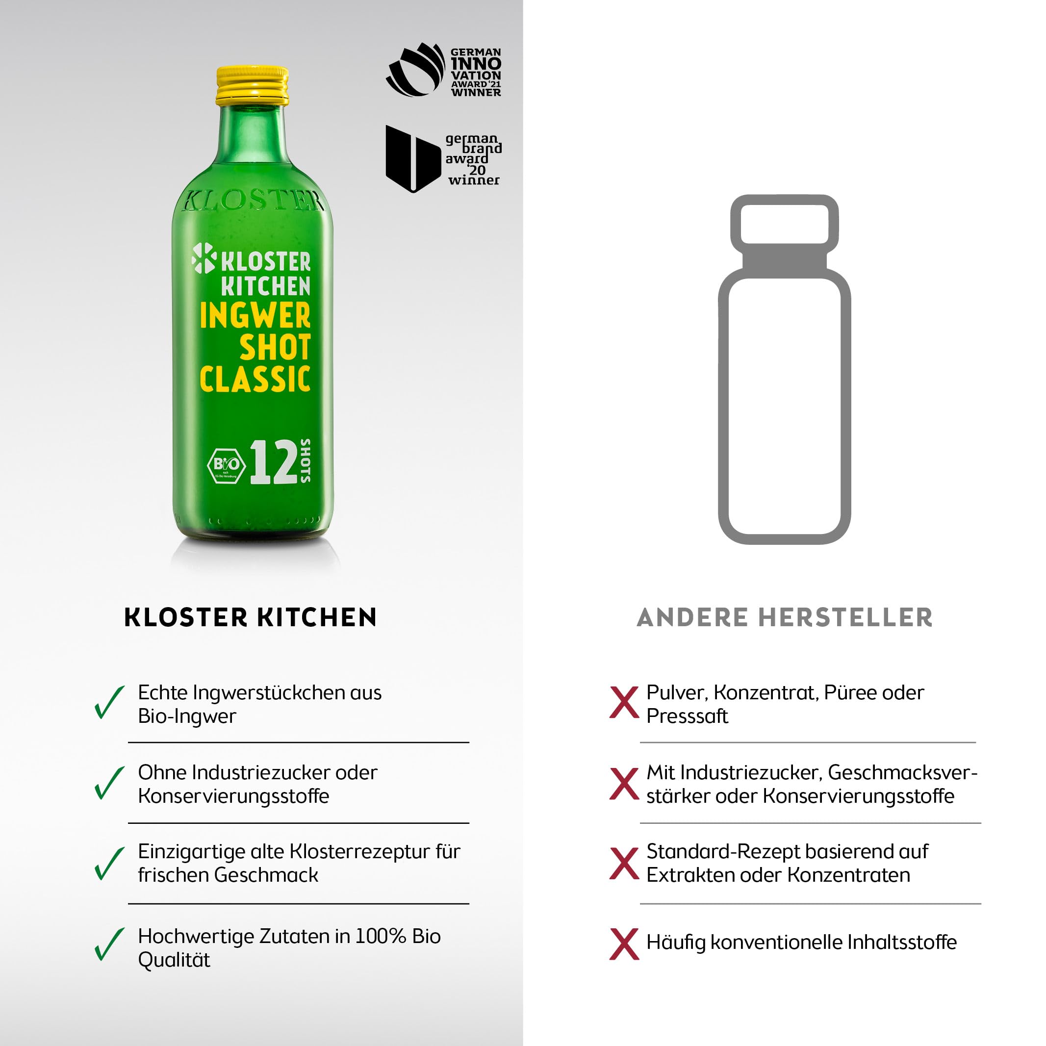 Kloster Kitchen Organic Ginger Shot Tasting Set L I 5 gusti 5x 360 ml + 5x 30 ml I Set regalo Ginger Shot vegan I dolce e piccante & con dolcezza naturale (incl. 1,25€ di deposito)
