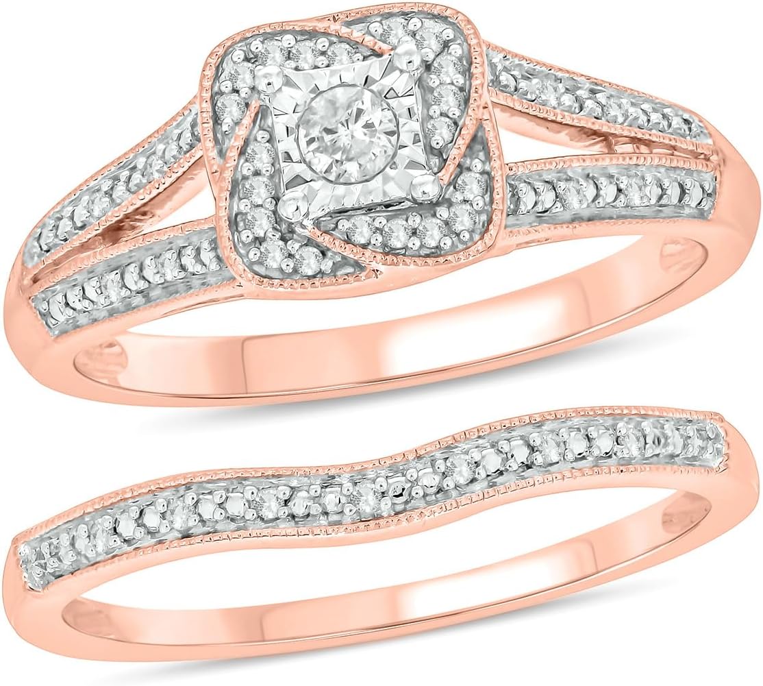 Cali Trove 1/5 CT Natural Diamond Bridal Ring Set | 14KT & 18KT Gold Vermeil Diamond Wedding & Engagement Rings | Promise Ring for Her | Halo Wedding Rings for Women in White Yellow or Pink Gold