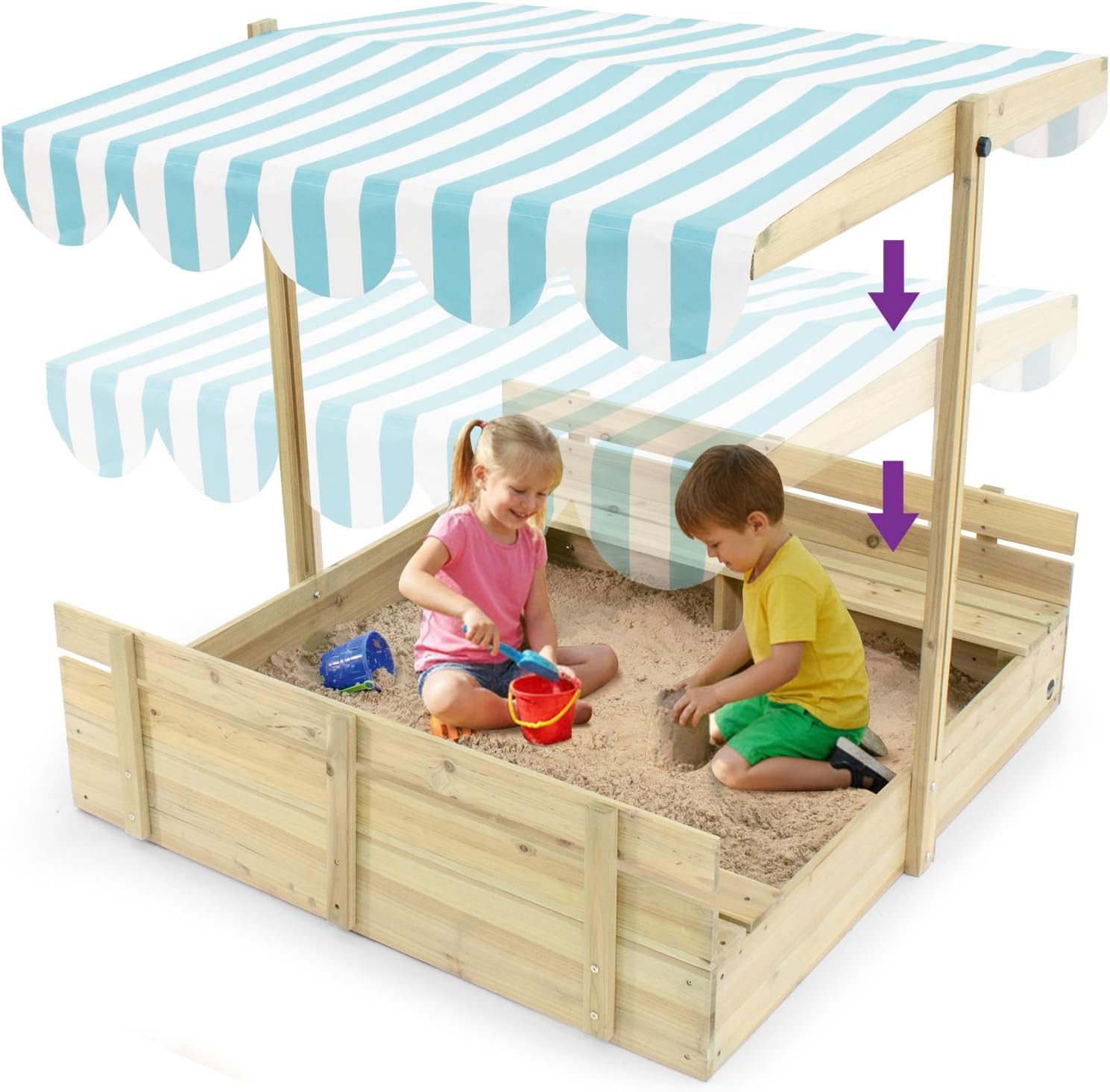 Plum® Kids Outdoor Wooden Sandbox with Lid - Toddler Sensory Toys, Outdoor Sand Box for Kids with Bench Seat, Adjustable Canopy & Bottom Liner, UV-Protection, Weatherproof, Easy Assembly, Ages 3+ Yrs