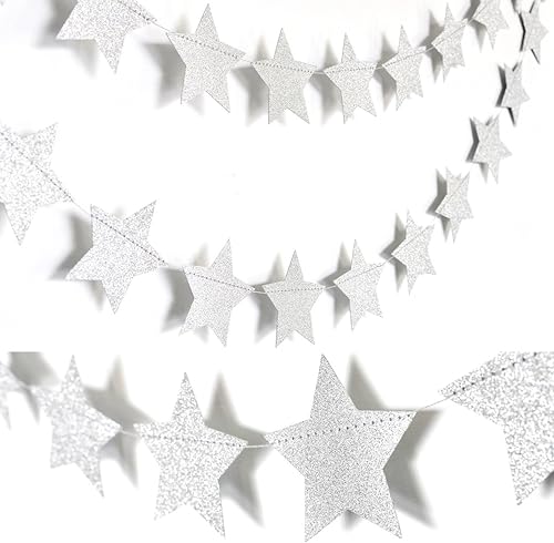 Miniatura 5 de Guirnalda colgante de estrellas de papel plateado con purpurina  Banner de estrella centelleante para telón de fondo de baby shower, decoración de