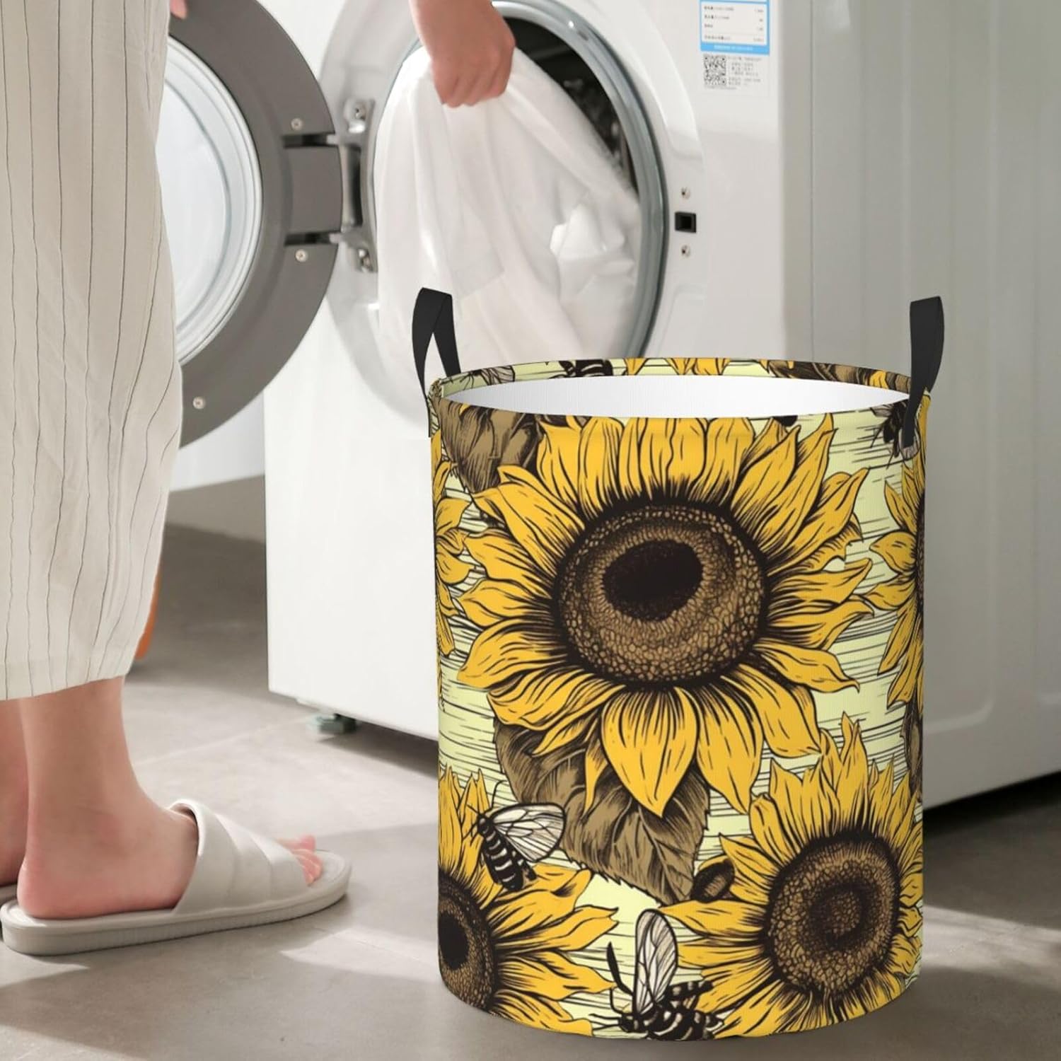 Bees Sunflower Laundry Basket With Handles, Foldable Laundry Hamper Oxford Cloth Dirty Clothes Basket Waterproof Clothes Toys Storage Bin Organizer for Bedroom Bathroom Dorm