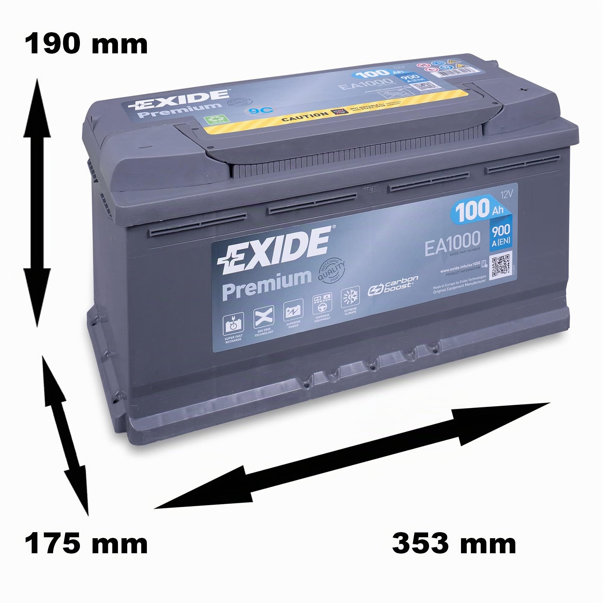 EXIDE EA1000 Premium Carbon Boost Autobatterie12V 100Ah 900A PKW KFZ Starterbatterie Batterie - Ersetzt 85Ah 88Ah 90Ah 92Ah 95Ah + 1x Batteriepolfett