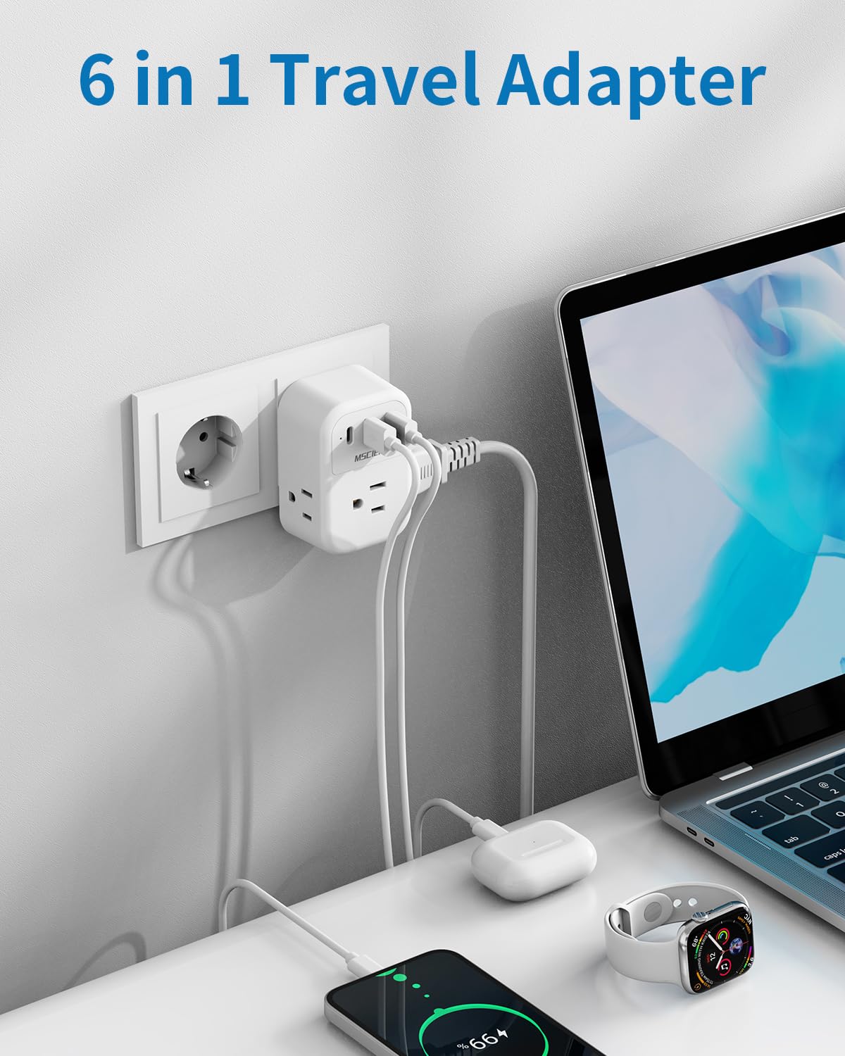 Mscien Adaptateur de voyage type E/F, Allemagne, France, adaptateur secteur, prise Schuko avec 3 prises CA, 3 USB (1 USB C), adaptateur prise US vers Europe, UE