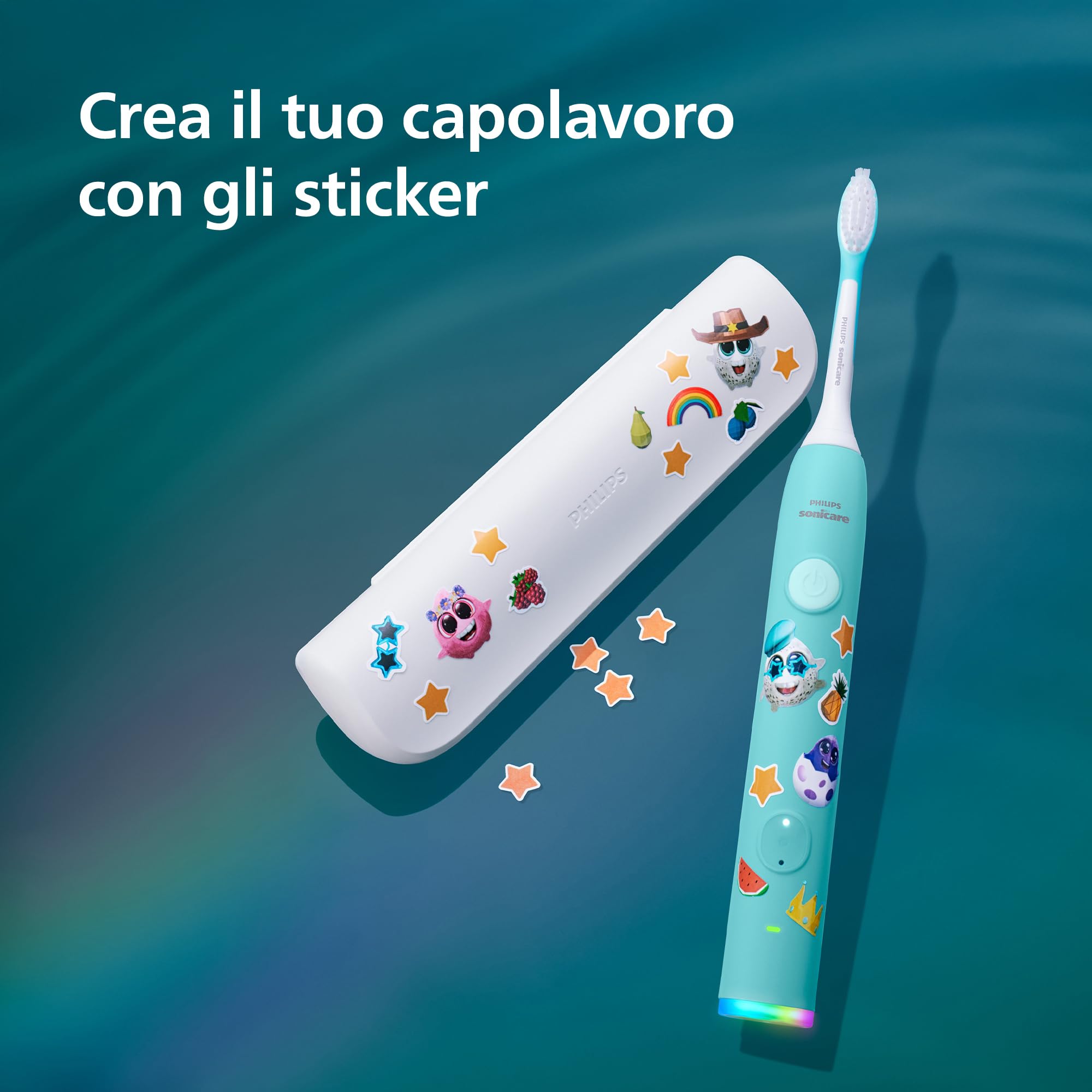 Spazzolino elettrico sonico smart Philips Sonicare for KidsCon app, dai 3 anni in su, 2 modalità delicate, timer da 2 minuti con luci e suoni, 2 testine, verde acqua, modello HX6600/13