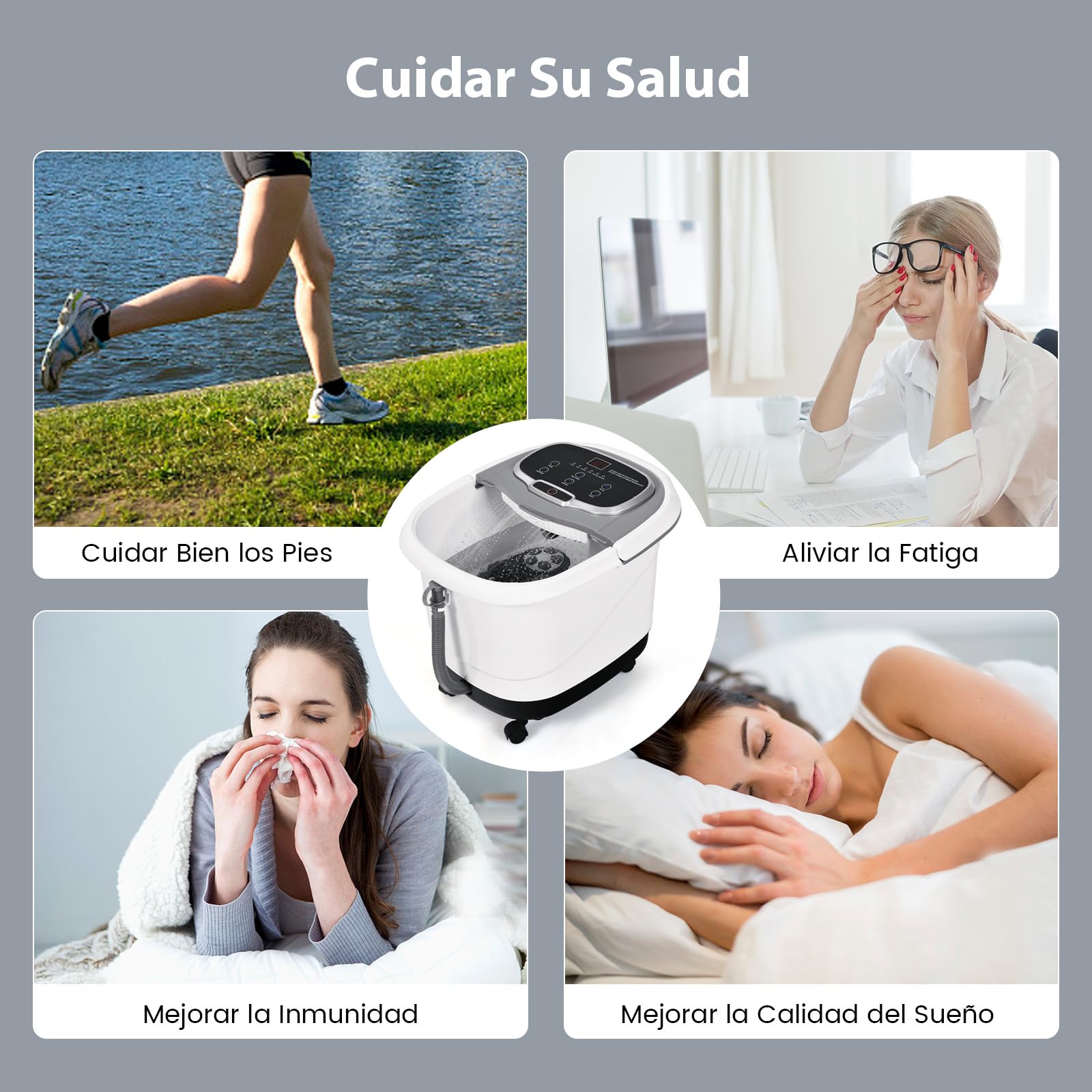 RELAX4LIFE Bañera de Pies Hidromasaje con Ruedas Universales y Bloqueables y Placa de Masaje Extraíble, Baño de Masaje Eléctrico con Temporizador 10-60 min y Temperatura Ajustable 35-48° (Gris)