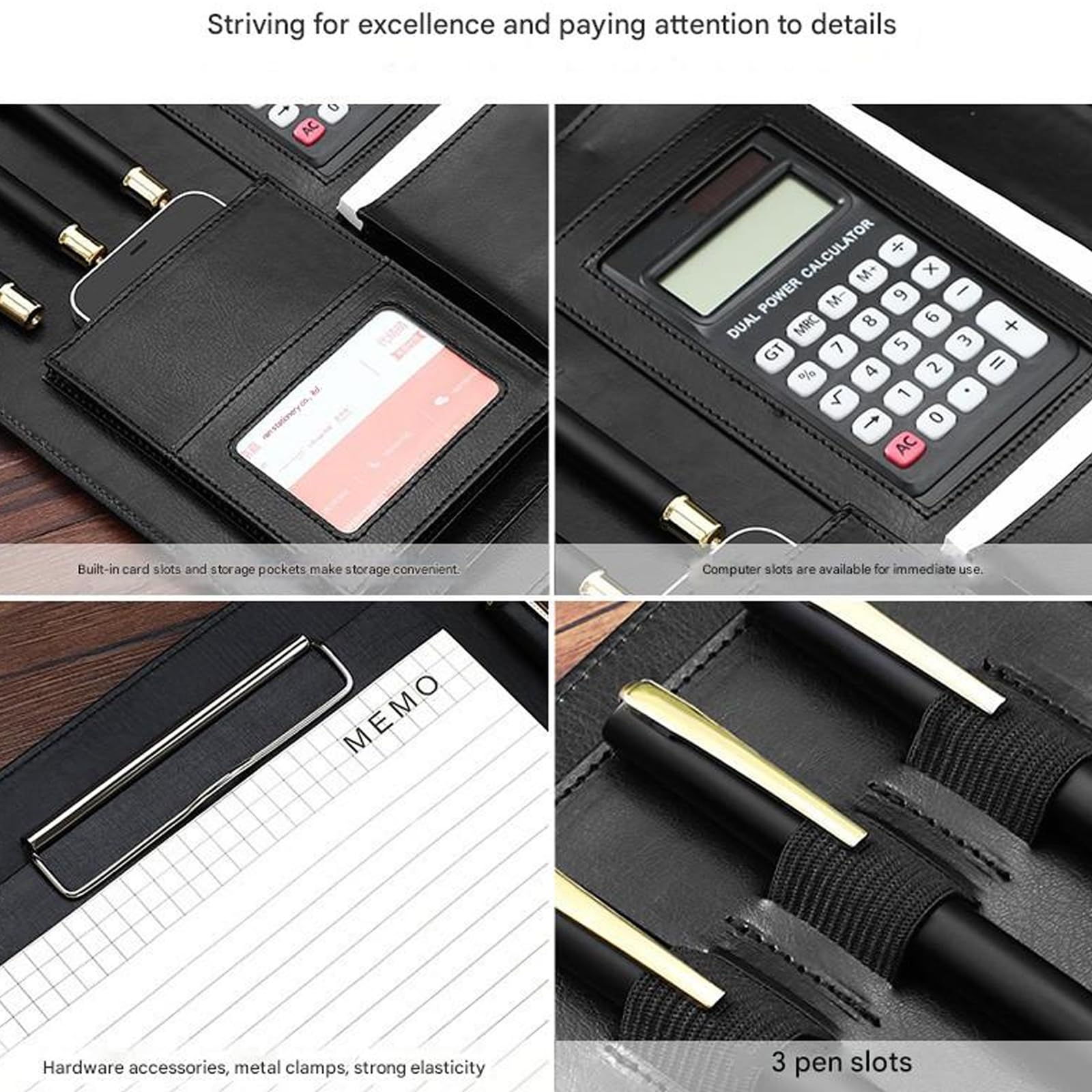 Spacieux un classeur à 4 budgets en cuir, Black solar calculat