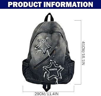 Y2K Backpack Lightweight Travel Denim Backpack with Multi-Pocket Retro Jean Large Star Bag for Students and Adults Y2k