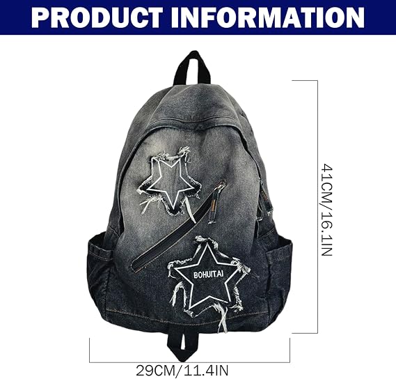 Y2K Backpack Lightweight Travel Denim Backpack with Multi-Pocket Retro Jean Large Star Bag for Students and Adults Y2k