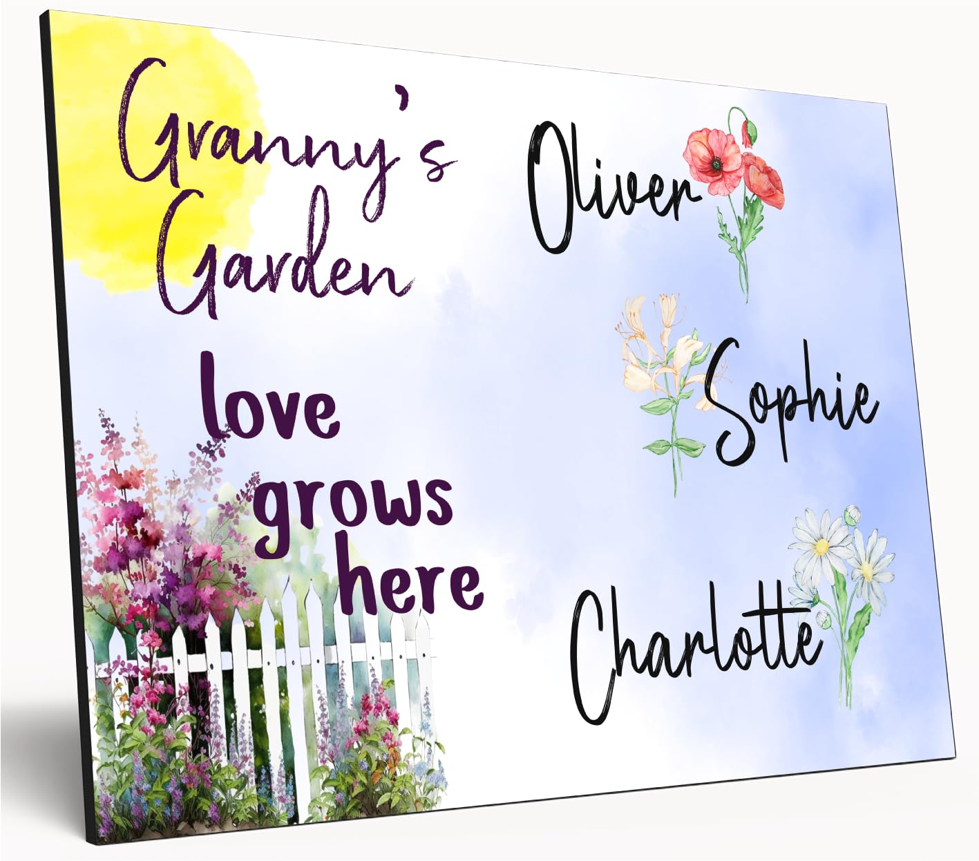 The Plum Penguin Multicolour Personalised Birth Month Flower Sign Grandma's Garden Custom A4 Wooden Wall Art Rustic Garden Design Watercolour Custom Plaque For Mums